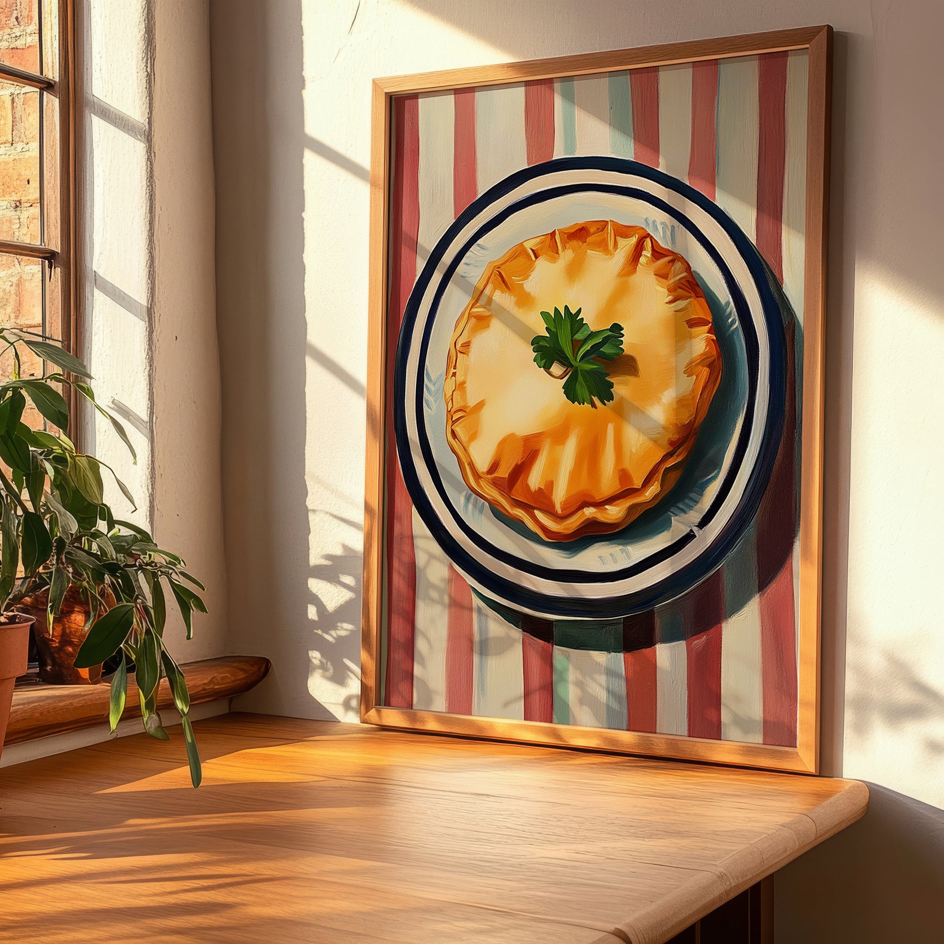 Empanada Gallega – on Striped Tablecloth, Spanish Pastry Painting, clean layout with no caption