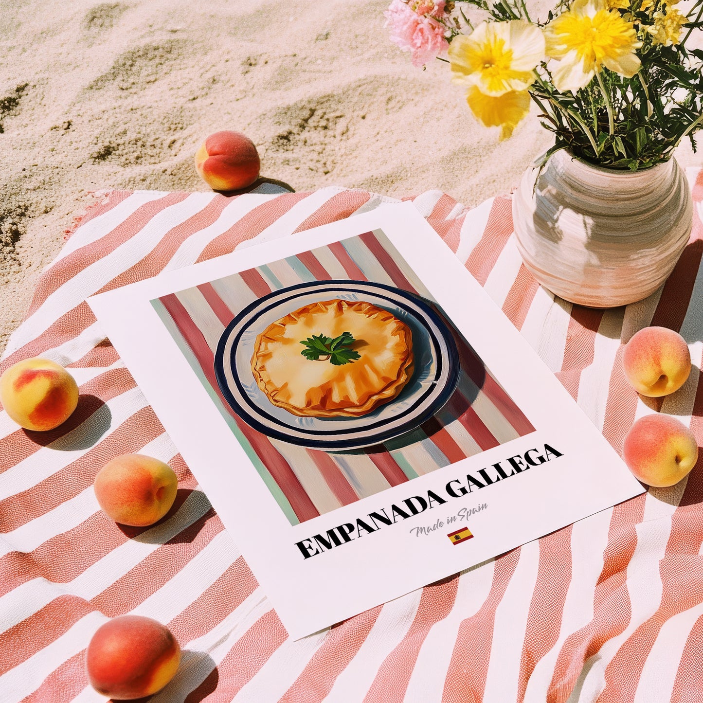 Empanada Gallega – on Striped Tablecloth, Spanish Pastry Painting, unframed on coastal sand