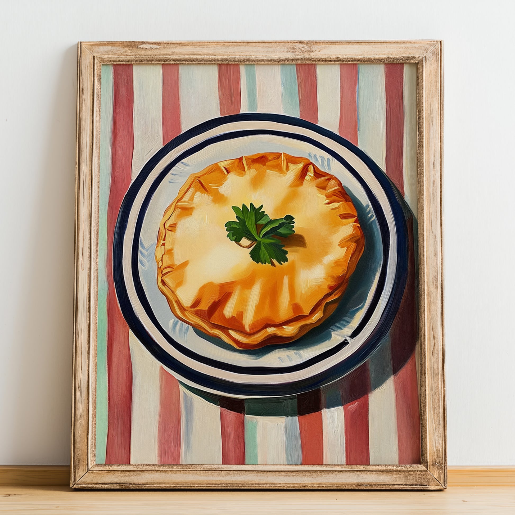 Empanada Gallega – on Striped Tablecloth, Spanish Pastry Painting, no-text version framed in wood