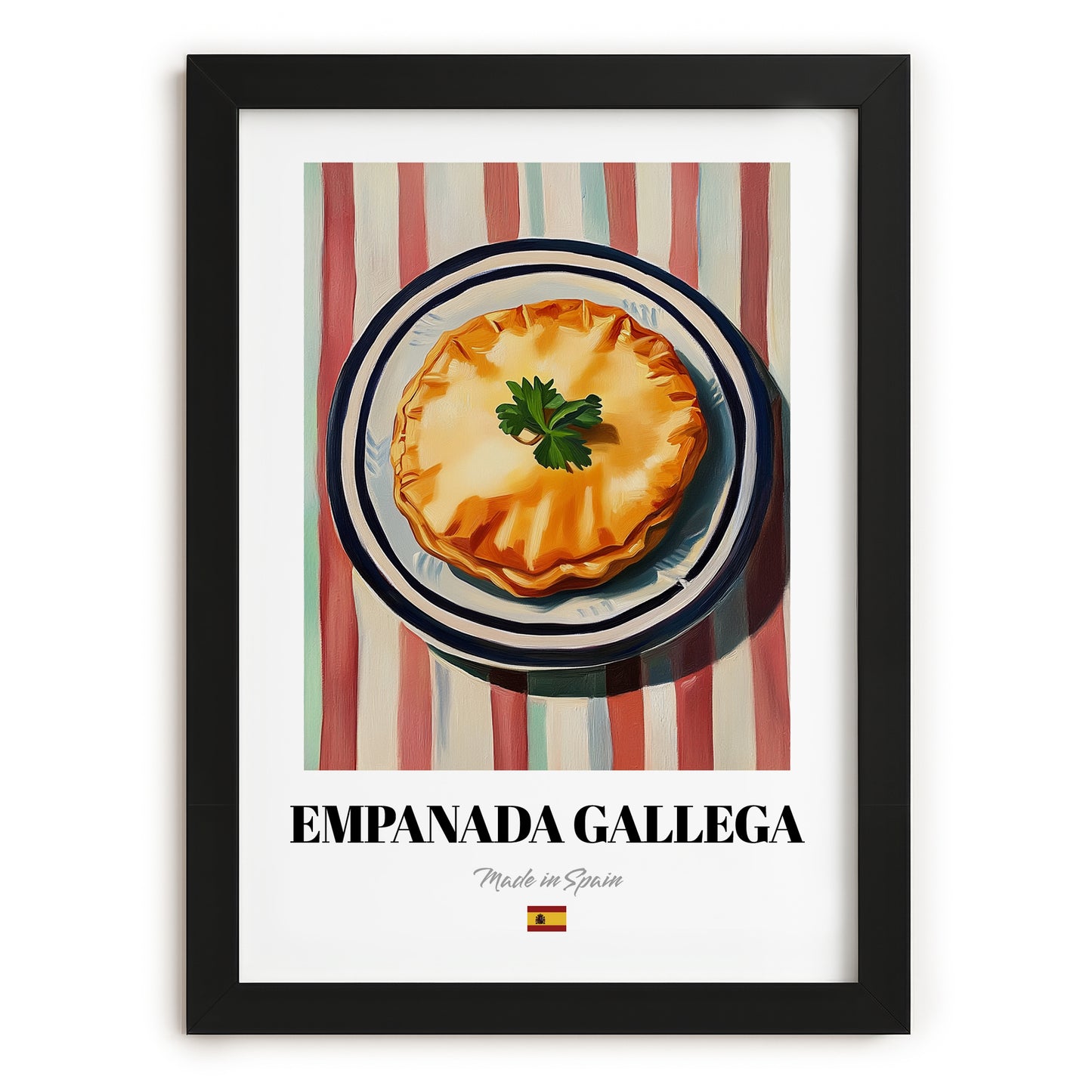 Empanada Gallega – on Striped Tablecloth, Spanish Pastry Painting, in sleek black frame