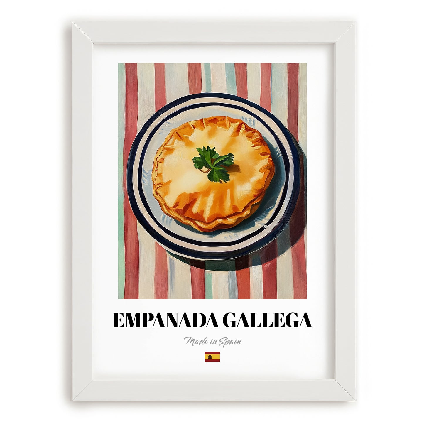 Empanada Gallega – on Striped Tablecloth, Spanish Pastry Painting, placed in minimal white frame