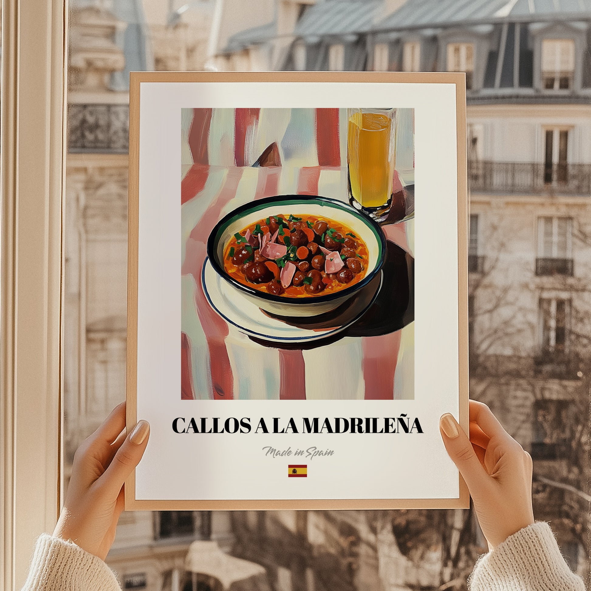 Callos a la Madrileña – on Striped Tablecloth, Spanish Food Illustration, styled in a charming Paris street view