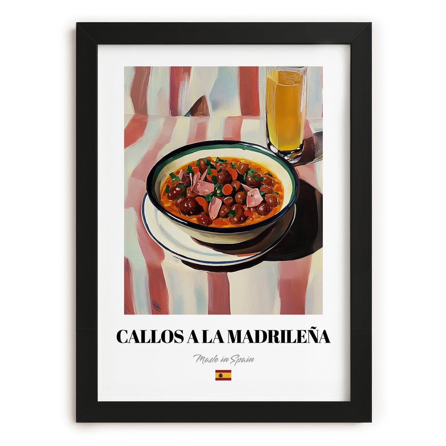 Callos a la Madrileña – on Striped Tablecloth, Spanish Food Illustration, in sleek black frame
