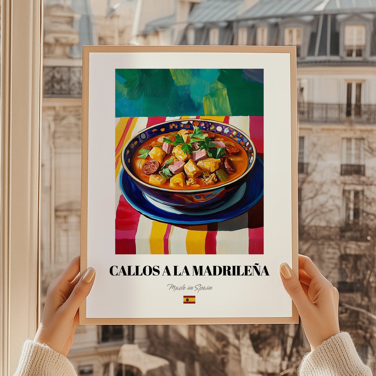 Callos a la Madrileña – Colorful Oil Painting, Spanish Food Wall Decor, styled in a charming Paris street view