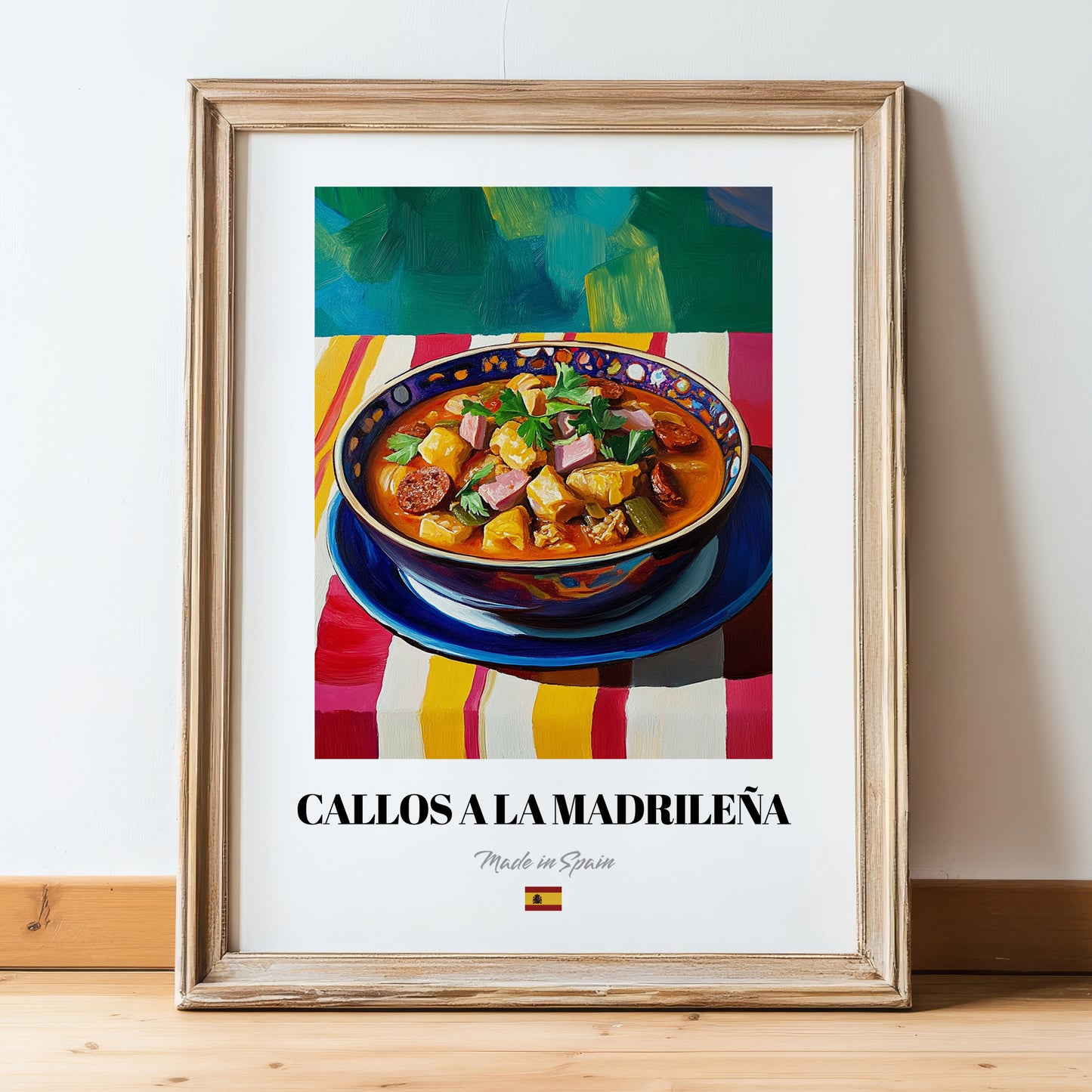 Callos a la Madrileña – Colorful Oil Painting, Spanish Food Wall Decor, in wooden frame leaning on the floor