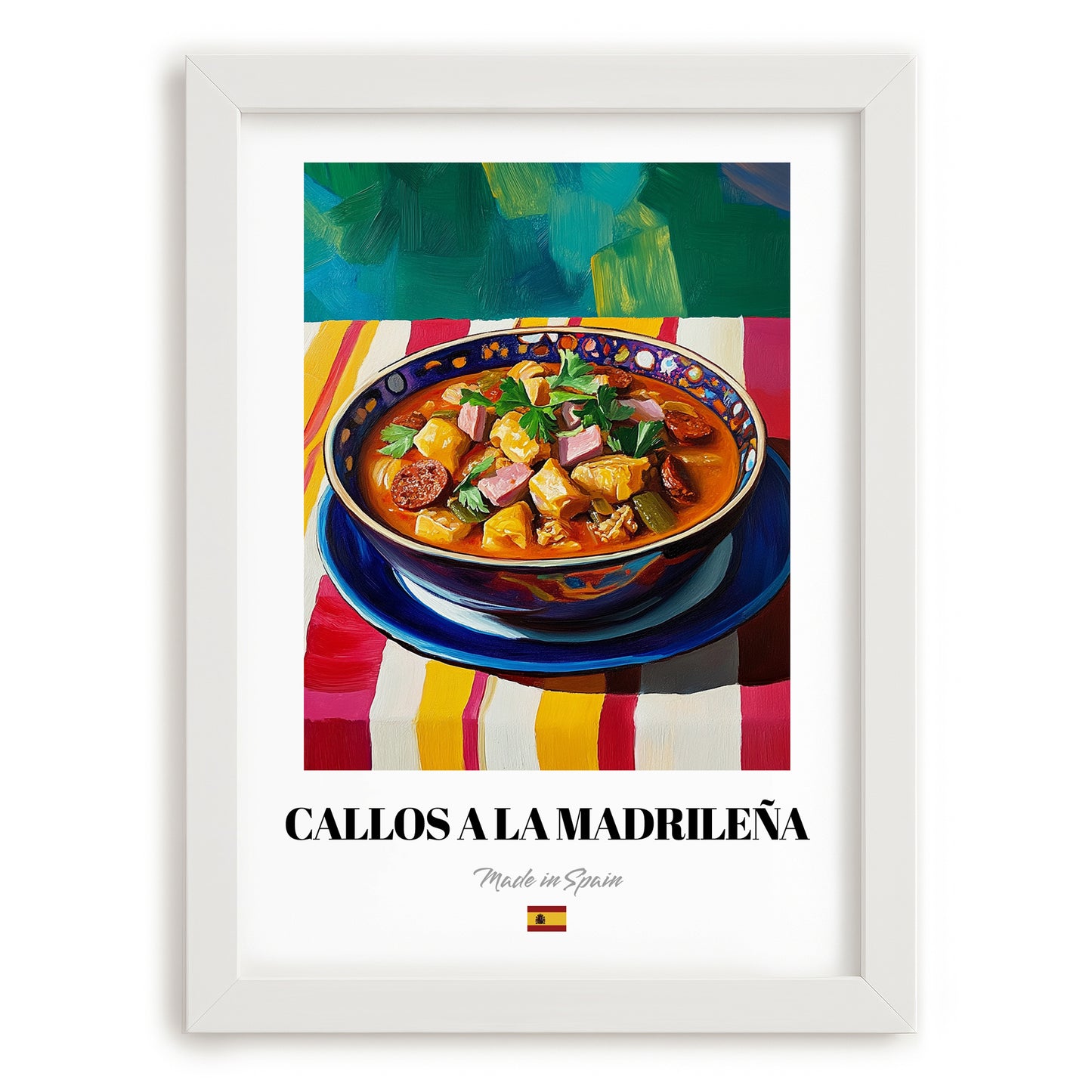 Callos a la Madrileña – Colorful Oil Painting, Spanish Food Wall Decor, placed in minimal white frame