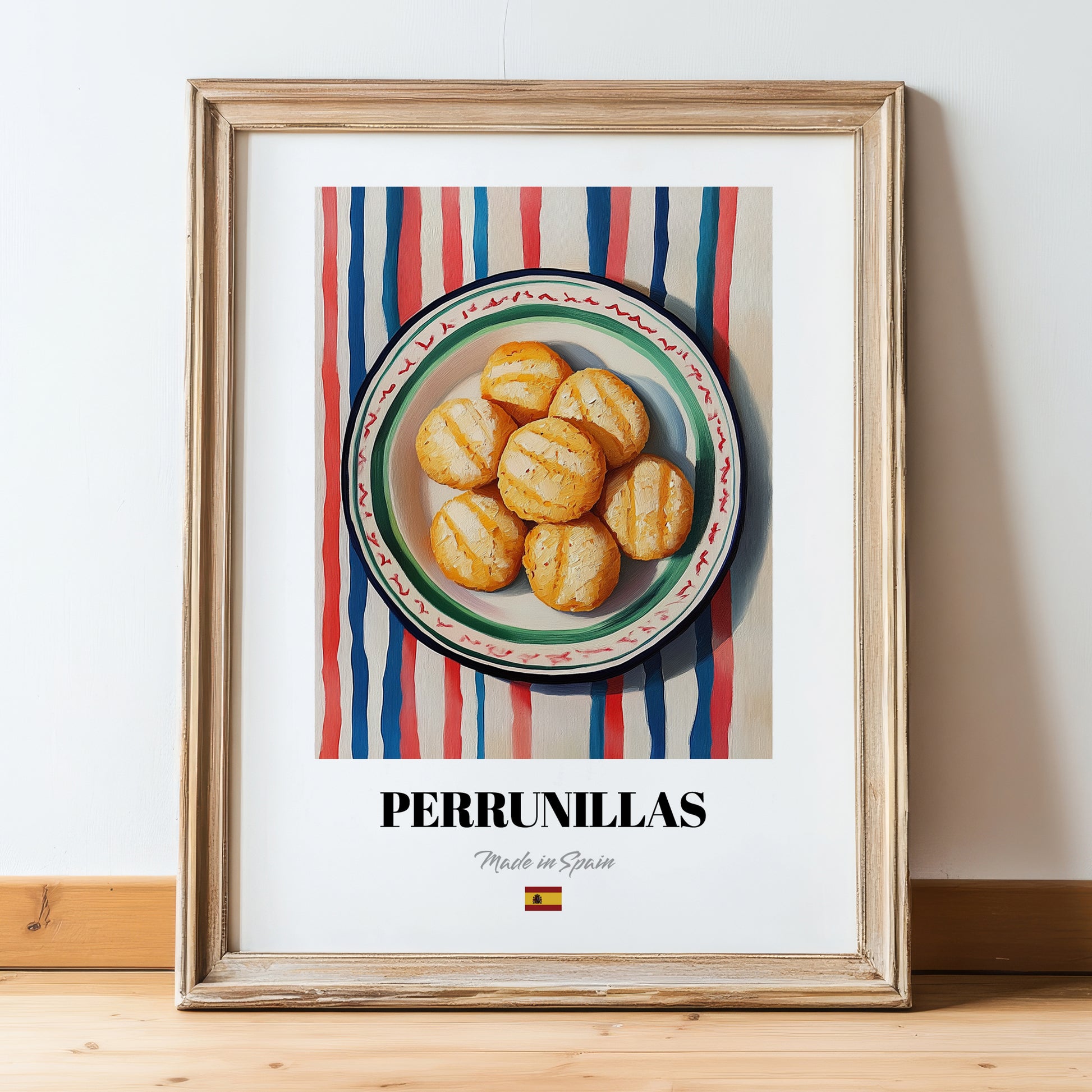 Perrunillas – on Striped Tablecloth, Spanish Dessert Wall Decor, in wooden frame leaning on the floor
