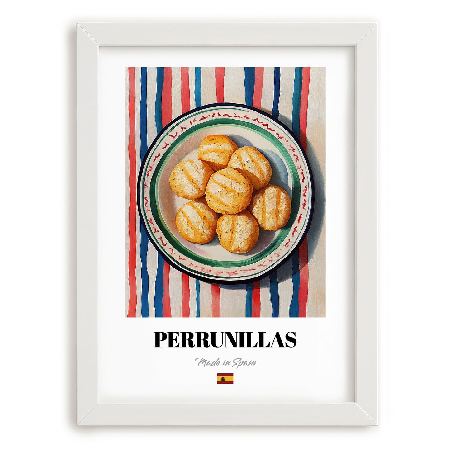 Perrunillas – on Striped Tablecloth, Spanish Dessert Wall Decor, placed in minimal white frame
