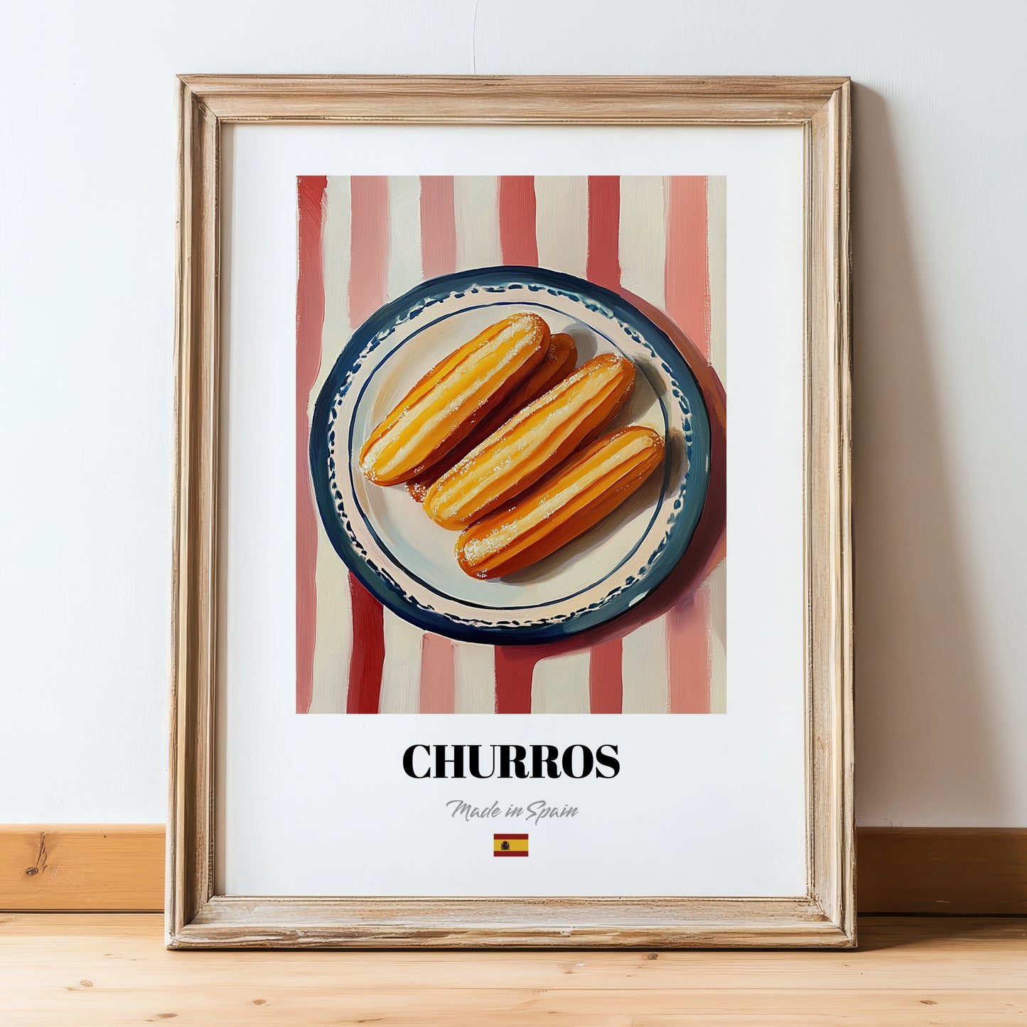 Churros – on Striped Tablecloth, Spanish Dessert Still Life, in wooden frame leaning on the floor