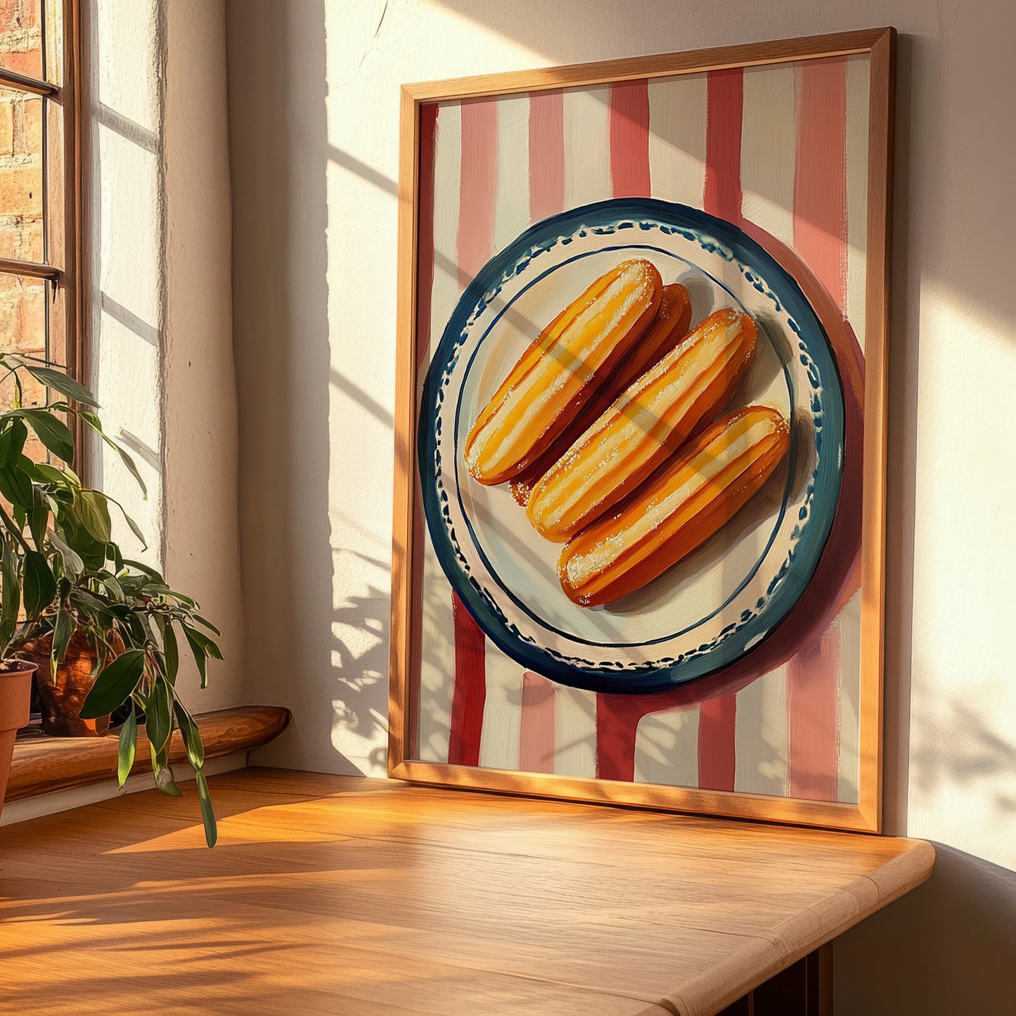 Churros – on Striped Tablecloth, Spanish Dessert Still Life, clean layout with no caption