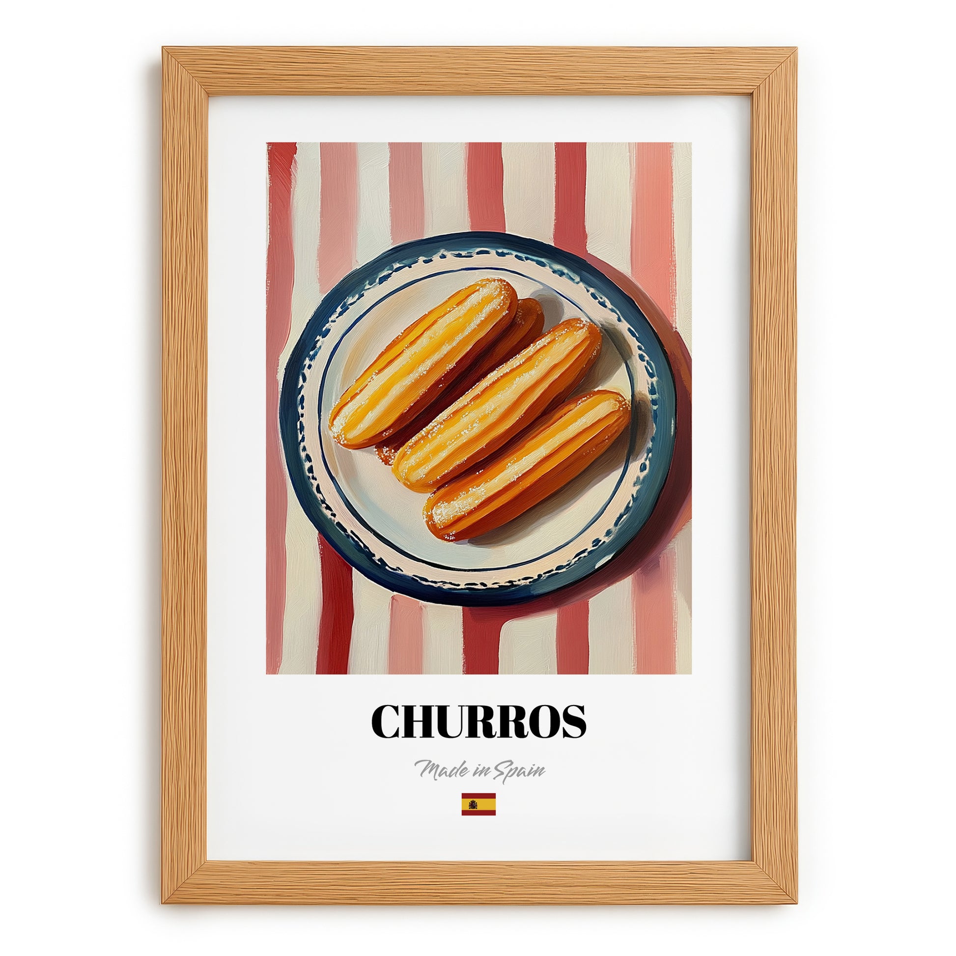 Churros – on Striped Tablecloth, Spanish Dessert Still Life, set in oak frame