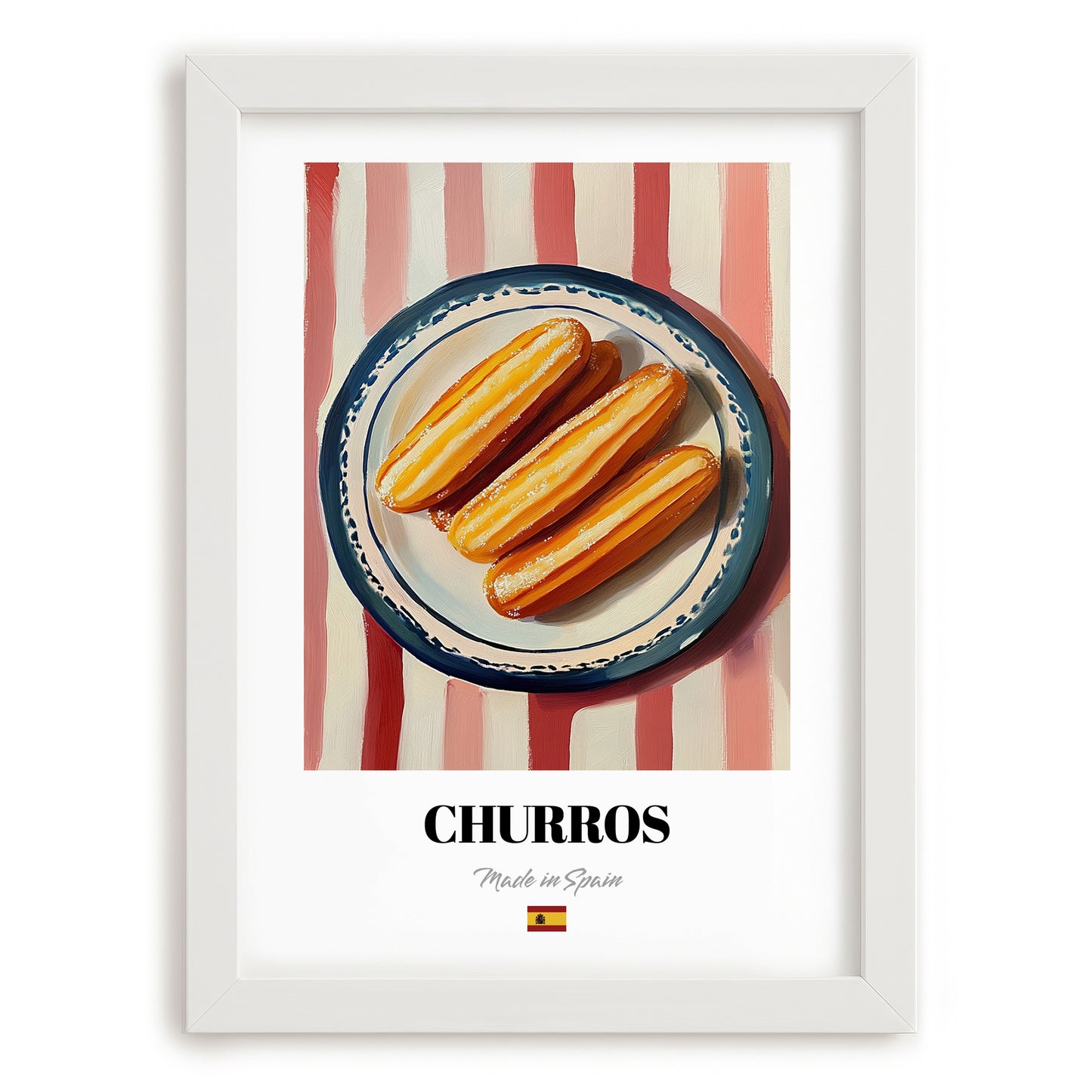 Churros – on Striped Tablecloth, Spanish Dessert Still Life, placed in minimal white frame