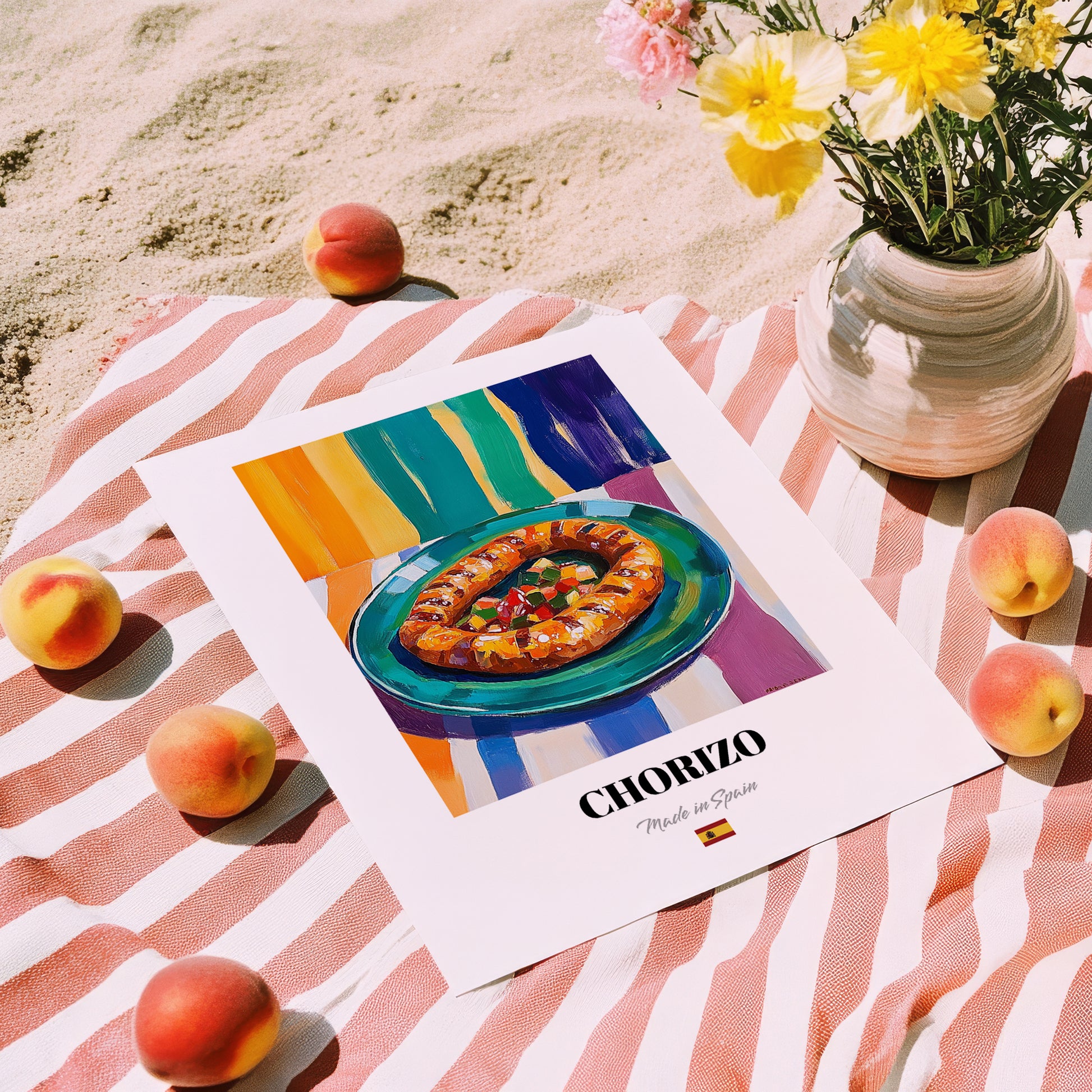 Chorizo – Oil Painting, Spanish Food Wall Decor, unframed on coastal sand