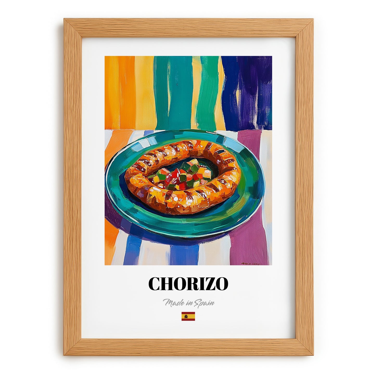 Chorizo – Oil Painting, Spanish Food Wall Decor, set in oak frame