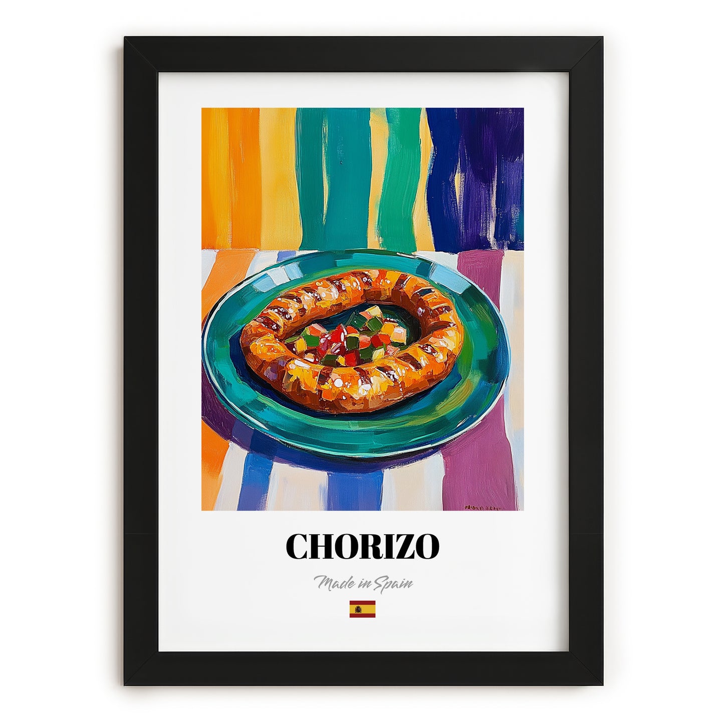 Chorizo – Oil Painting, Spanish Food Wall Decor, in sleek black frame