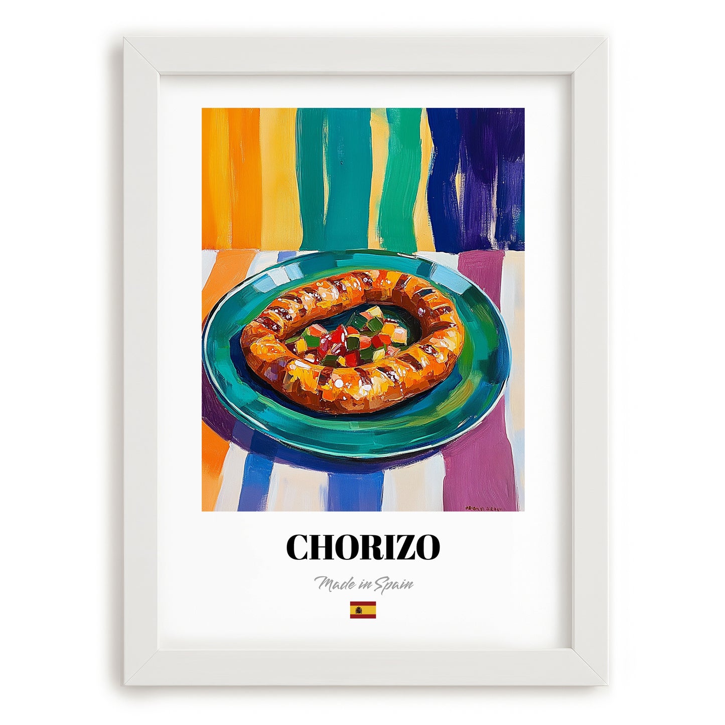 Chorizo – Oil Painting, Spanish Food Wall Decor, placed in minimal white frame
