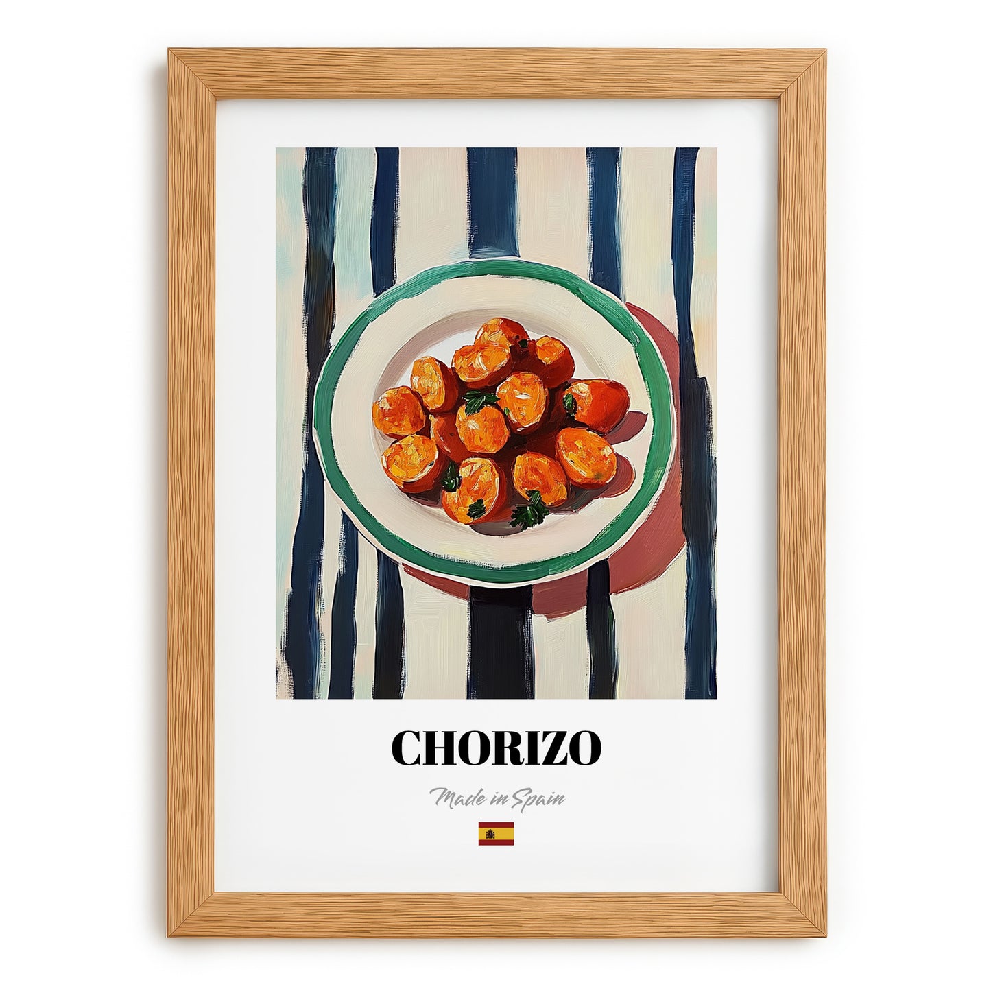 Chorizo – on Striped Tablecloth, Spanish Food Wall Art, set in oak frame