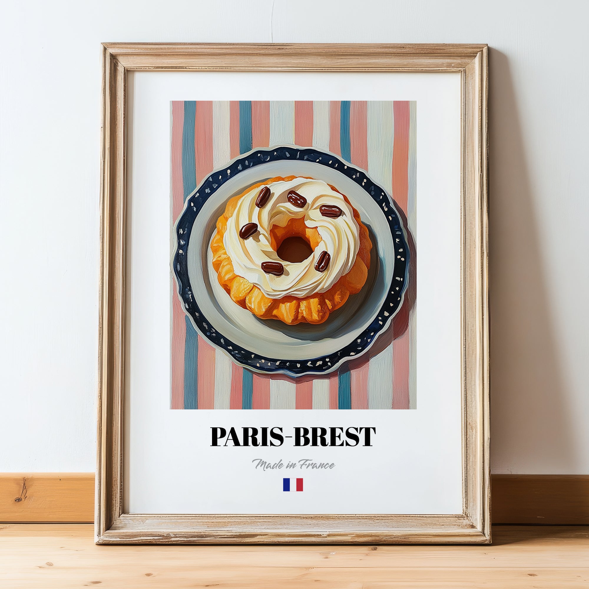 Paris-Brest – on Striped Tablecloth, French French Pastry Art, in wooden frame leaning on the floor