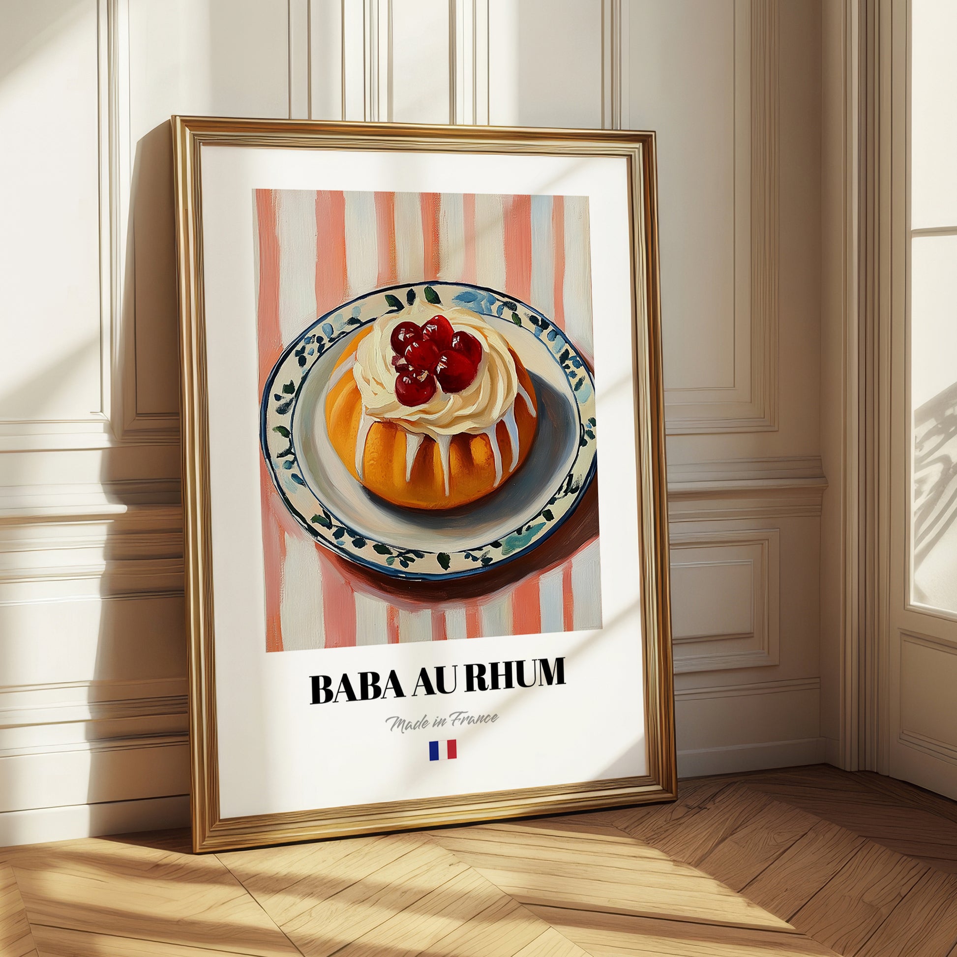 Baba au Rhum – on Striped Tablecloth, French French Dessert Still Life 