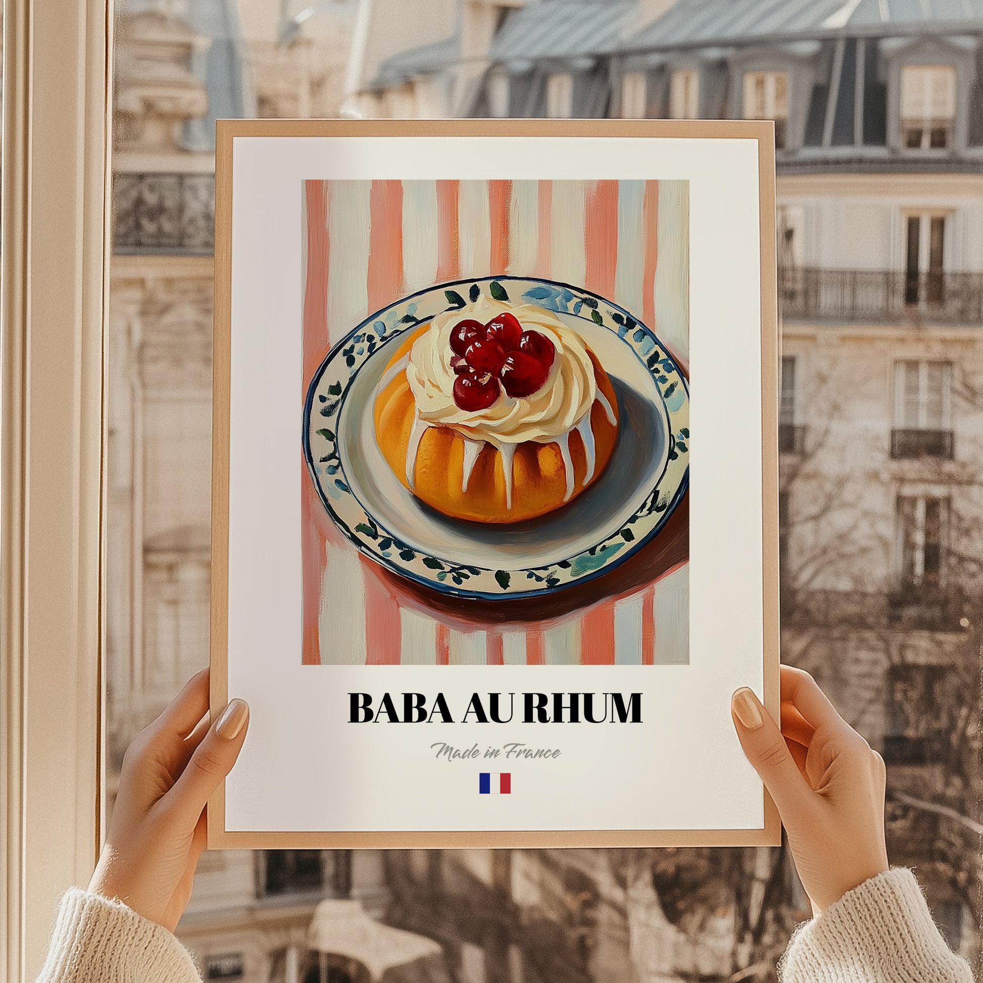 Baba au Rhum – on Striped Tablecloth, French French Dessert Still Life, styled in a charming Paris street view