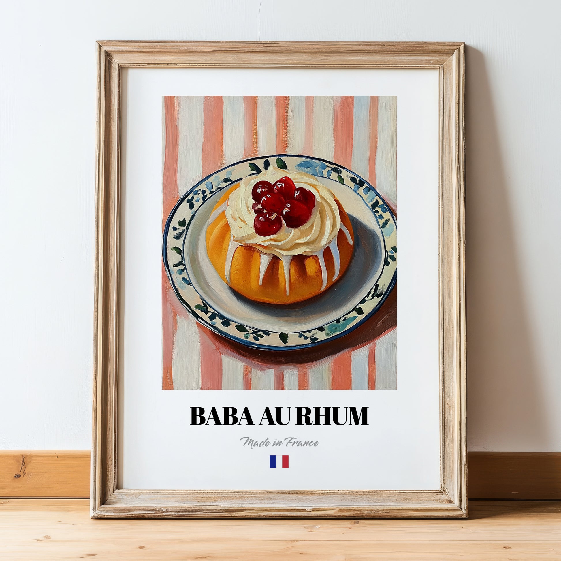 Baba au Rhum – on Striped Tablecloth, French French Dessert Still Life, in wooden frame leaning on the floor