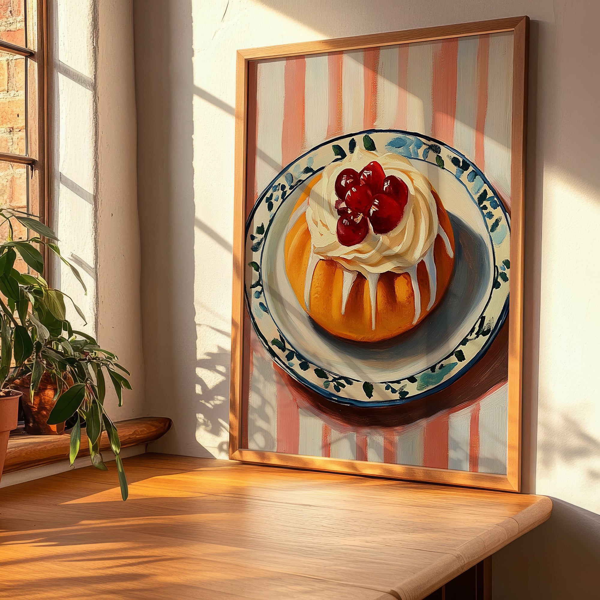 Baba au Rhum – on Striped Tablecloth, French French Dessert Still Life, clean layout with no caption