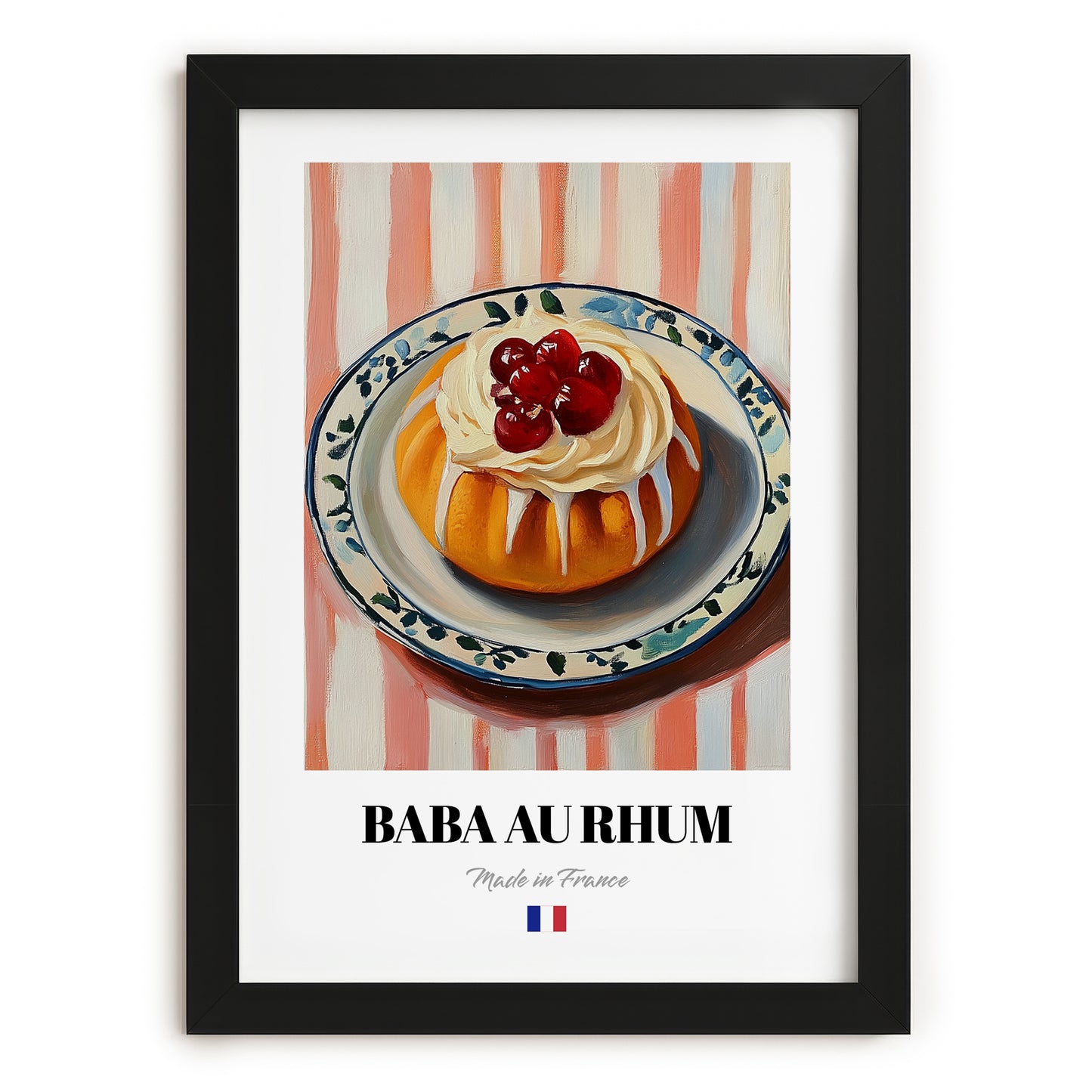 Baba au Rhum – on Striped Tablecloth, French French Dessert Still Life, in sleek black frame