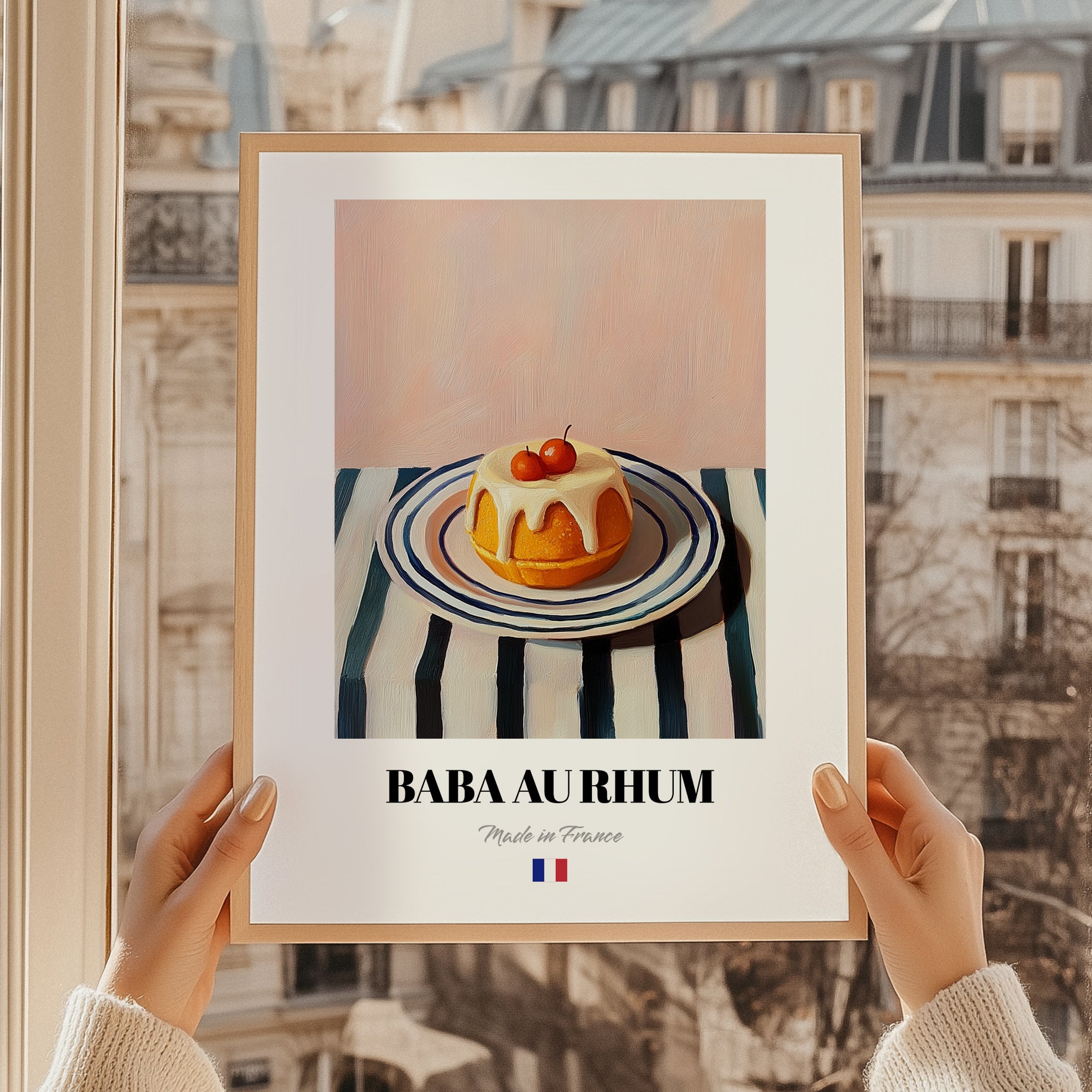 Baba au Rhum – on Striped Tablecloth, French French Dessert Wall Decor, styled in a charming Paris street view