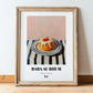 Baba au Rhum – on Striped Tablecloth, French French Dessert Wall Decor, in wooden frame leaning on the floor