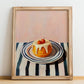 Baba au Rhum – on Striped Tablecloth, French French Dessert Wall Decor, no-text version framed in wood