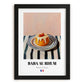 Baba au Rhum – on Striped Tablecloth, French French Dessert Wall Decor, in sleek black frame