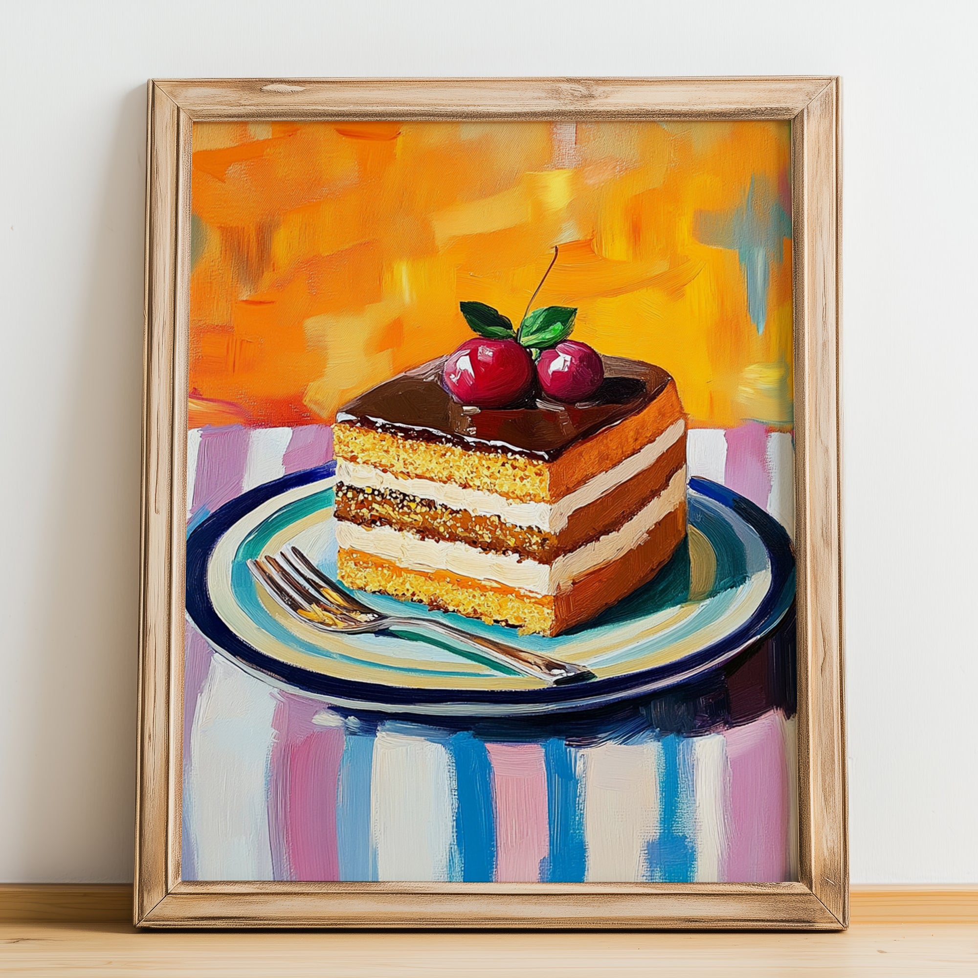Opéra Cake – Colorful Oil Painting, French French Dessert Painting, no-text version framed in wood