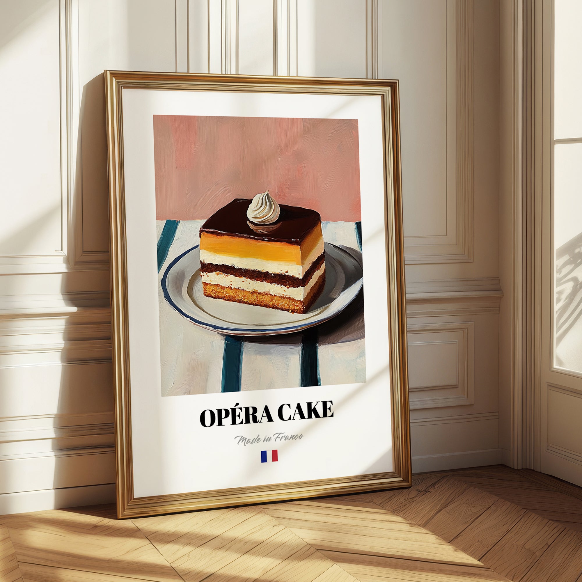 Opéra Cake – on Striped Tablecloth, French French Dessert Still Life 