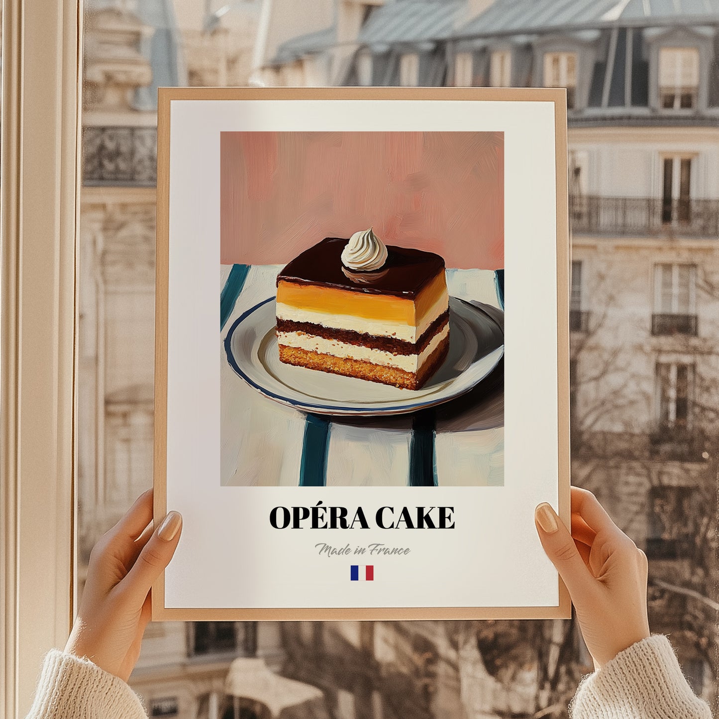 Opéra Cake – on Striped Tablecloth, French French Dessert Still Life, styled in a charming Paris street view