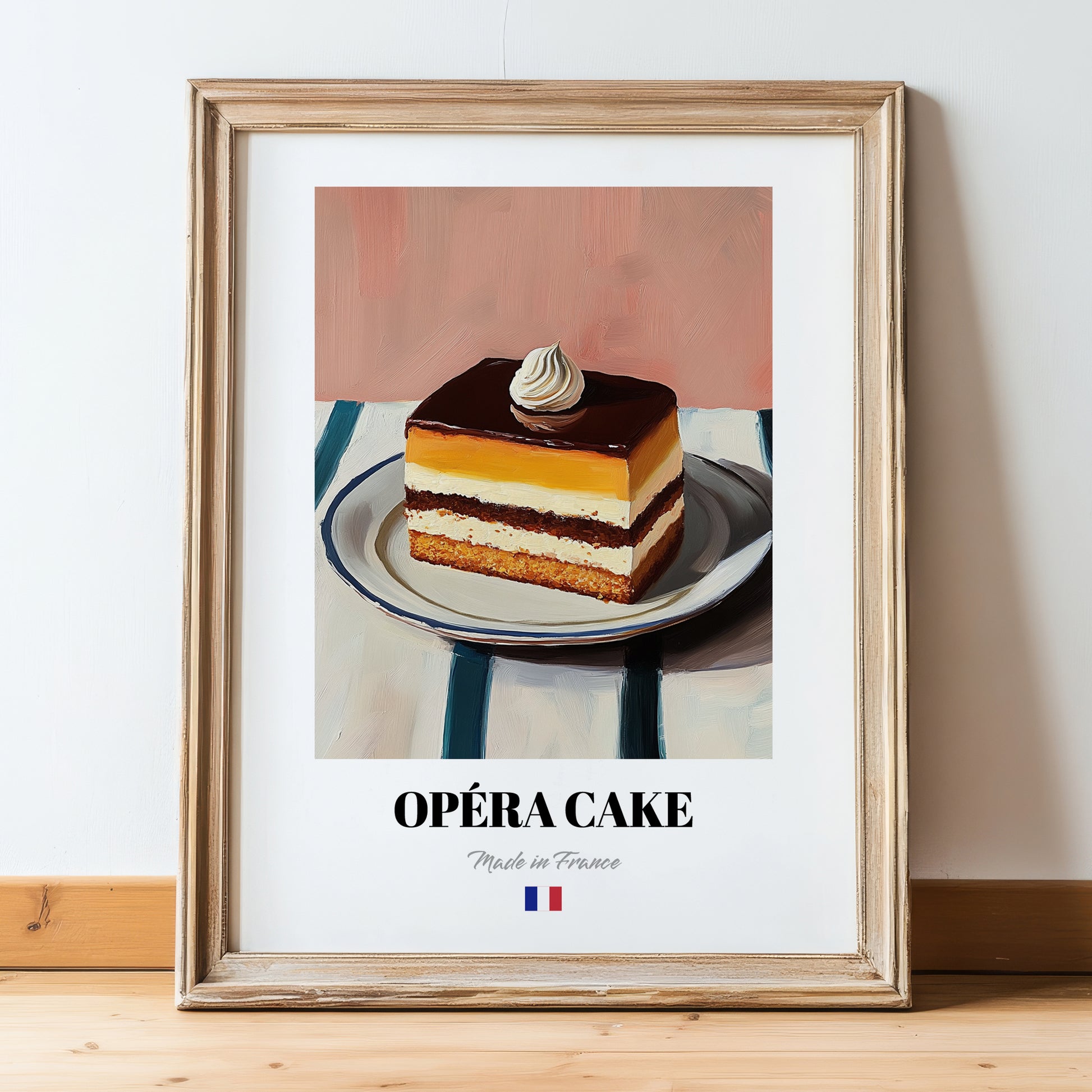 Opéra Cake – on Striped Tablecloth, French French Dessert Still Life, in wooden frame leaning on the floor