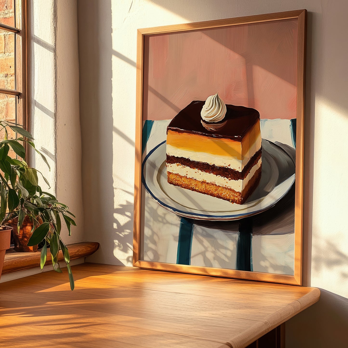 Opéra Cake – on Striped Tablecloth, French French Dessert Still Life, clean layout with no caption