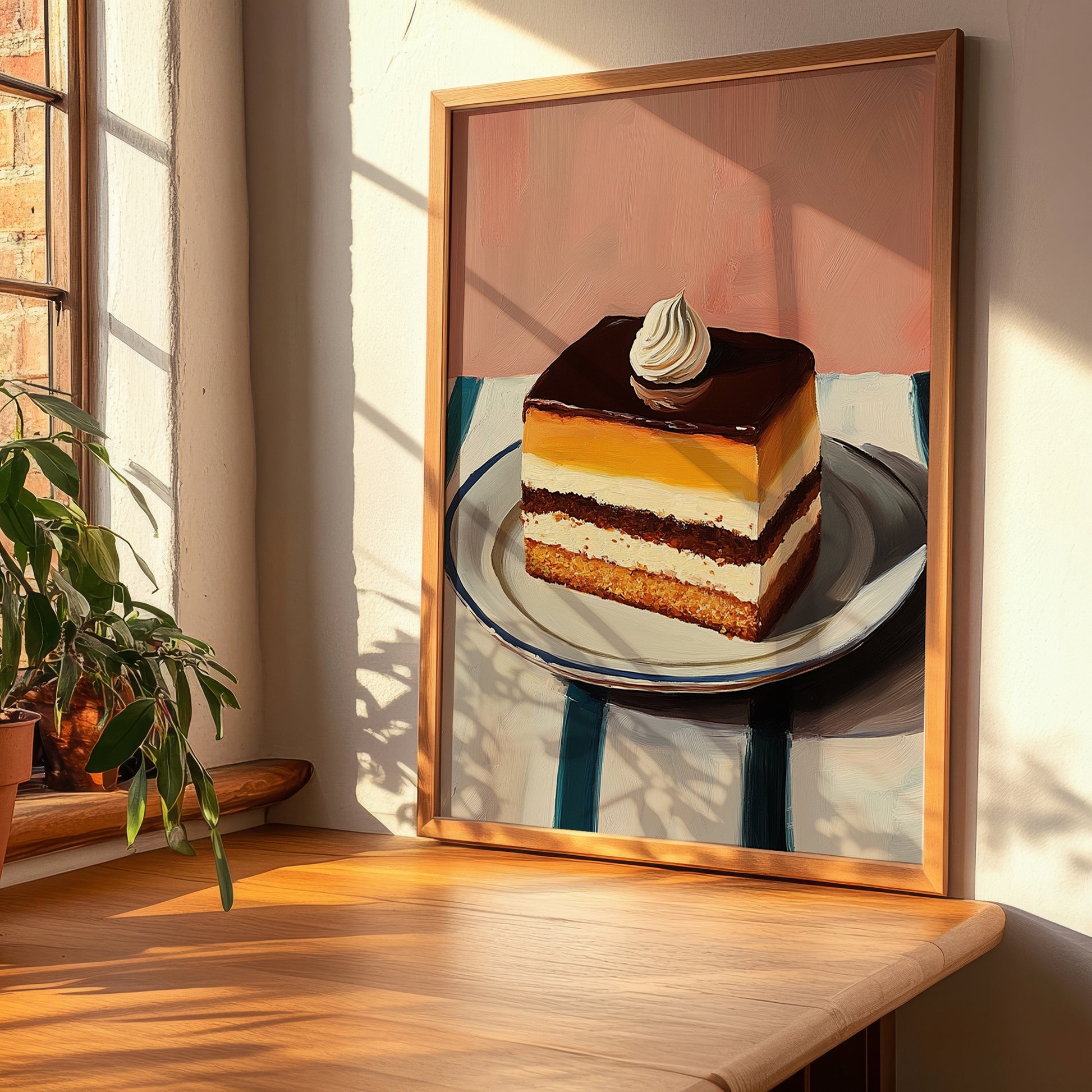 Opéra Cake – on Striped Tablecloth, French French Dessert Still Life, clean layout with no caption