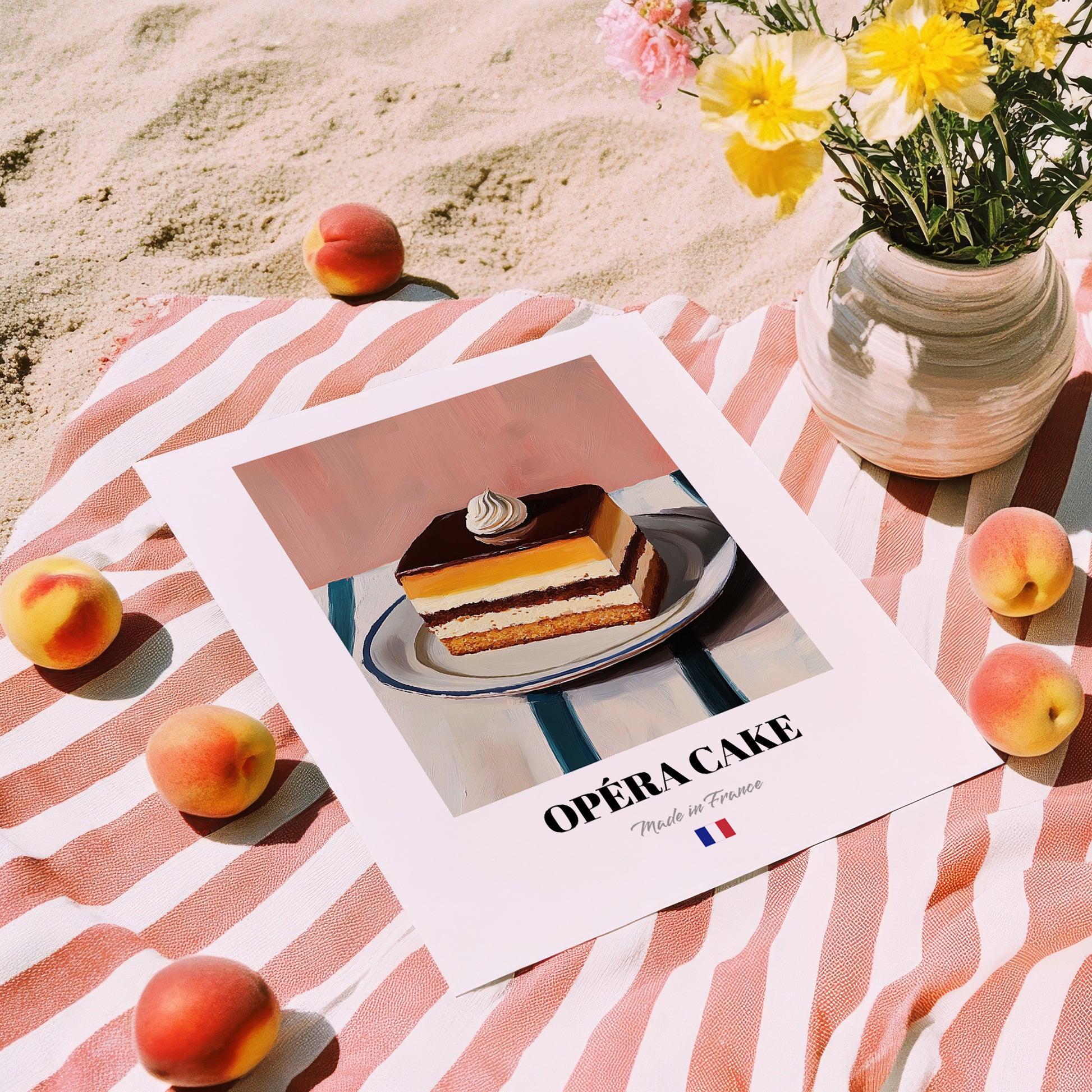 Opéra Cake – on Striped Tablecloth, French French Dessert Still Life, unframed on coastal sand