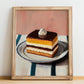 Opéra Cake – on Striped Tablecloth, French French Dessert Still Life, no-text version framed in wood