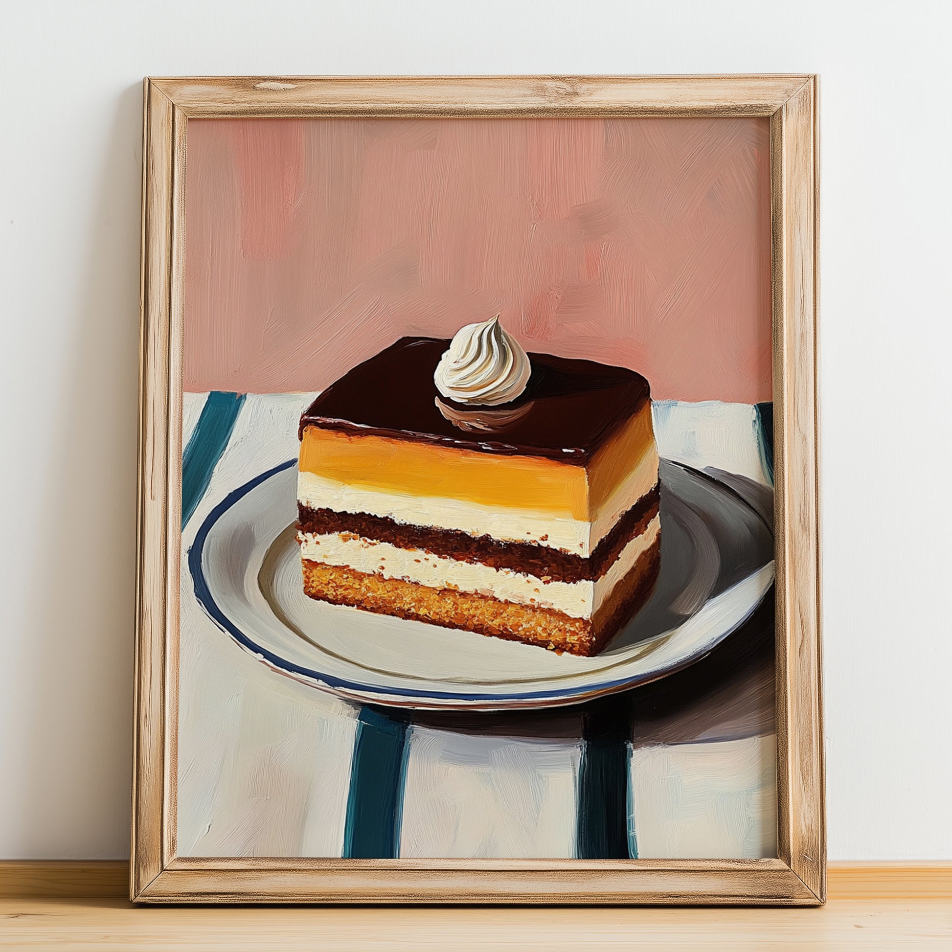 Opéra Cake – on Striped Tablecloth, French French Dessert Still Life, no-text version framed in wood