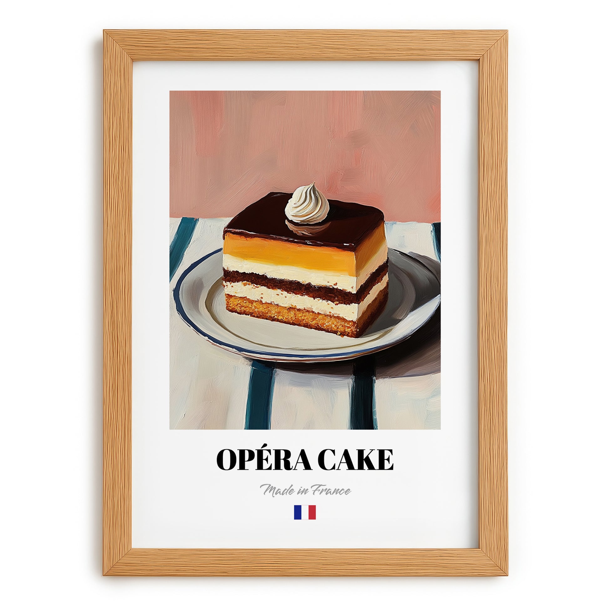 Opéra Cake – on Striped Tablecloth, French French Dessert Still Life, set in oak frame