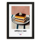 Opéra Cake – on Striped Tablecloth, French French Dessert Still Life, in sleek black frame
