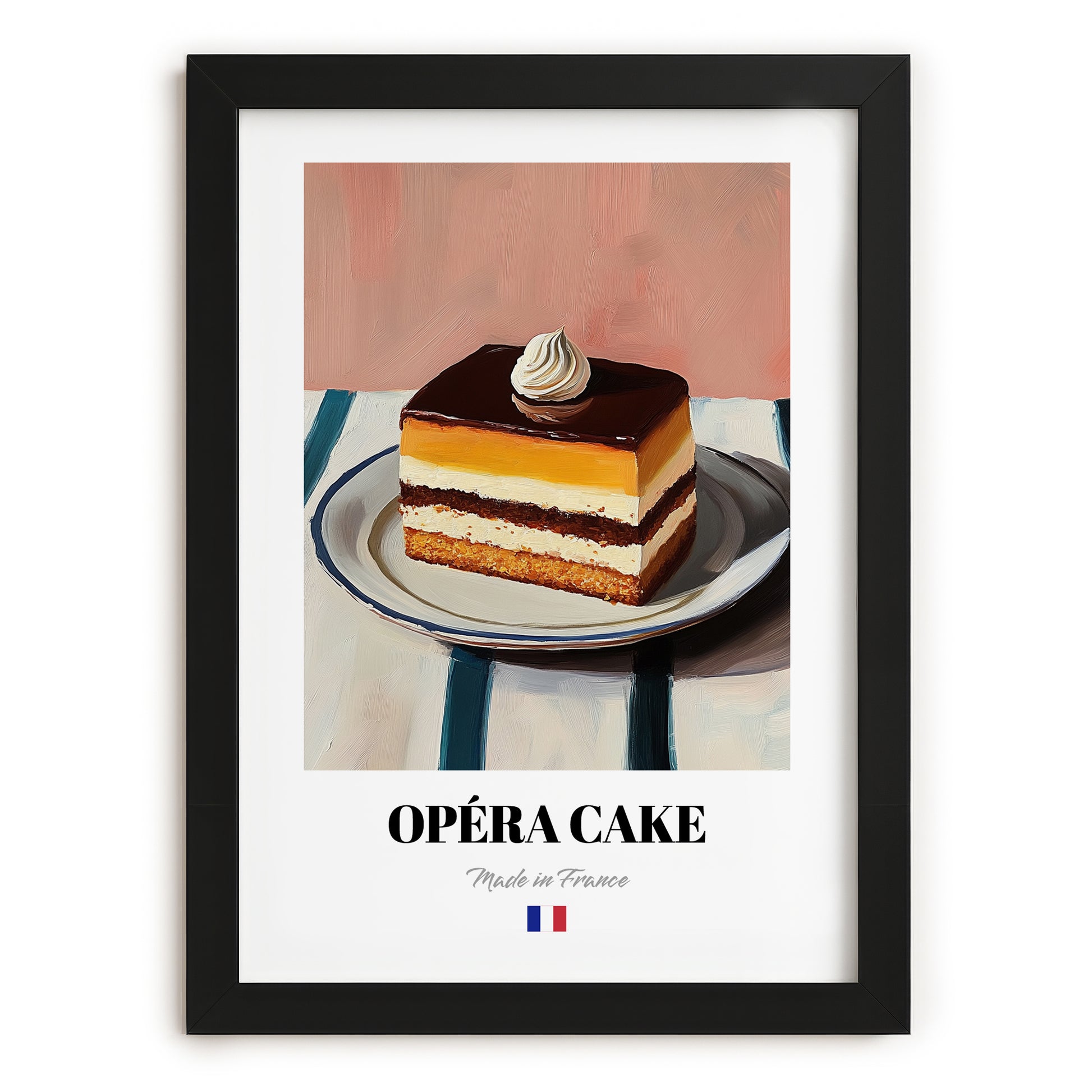 Opéra Cake – on Striped Tablecloth, French French Dessert Still Life, in sleek black frame