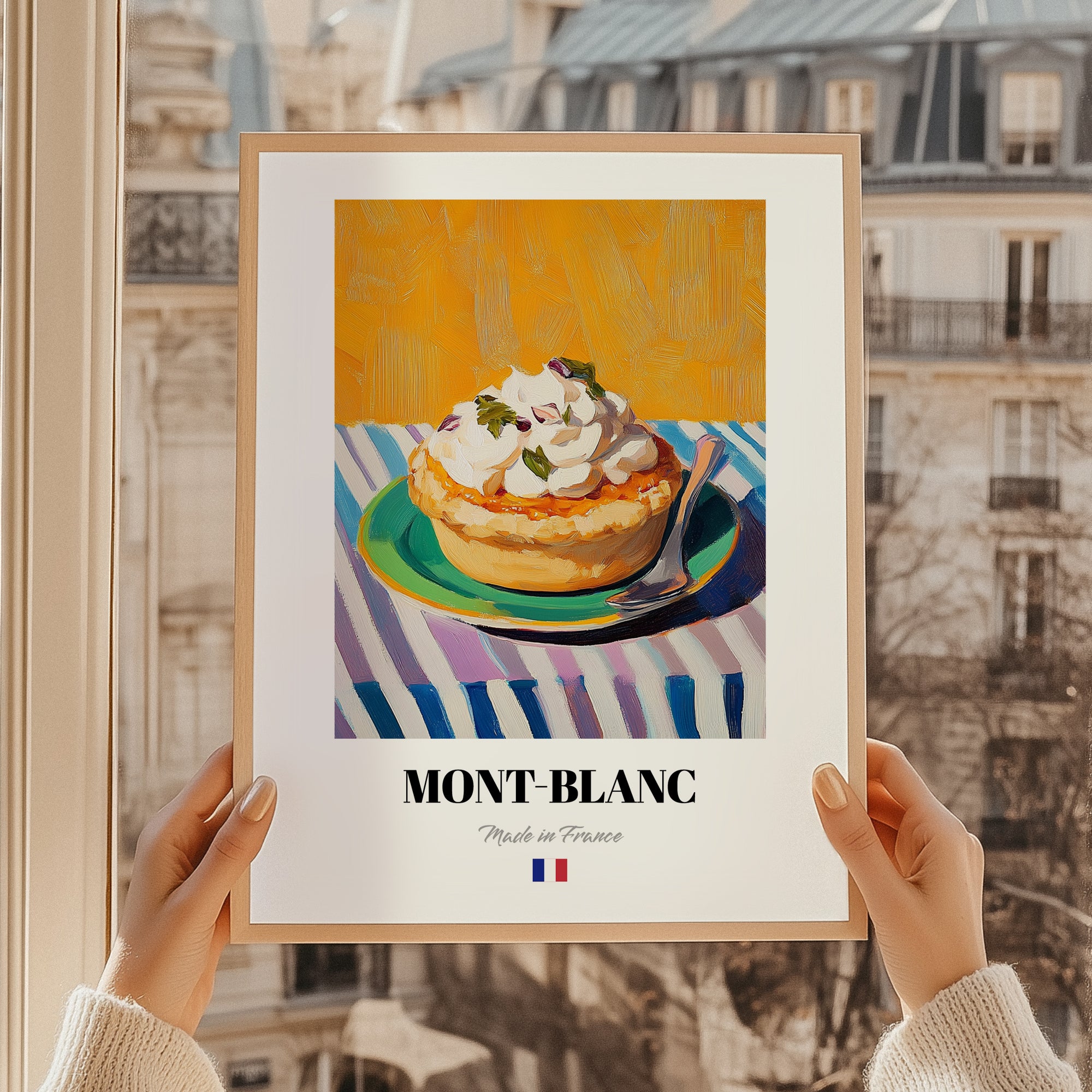 Mont-Blanc – Colorful Oil Painting, French French Dessert Poster, styled in a charming Paris street view