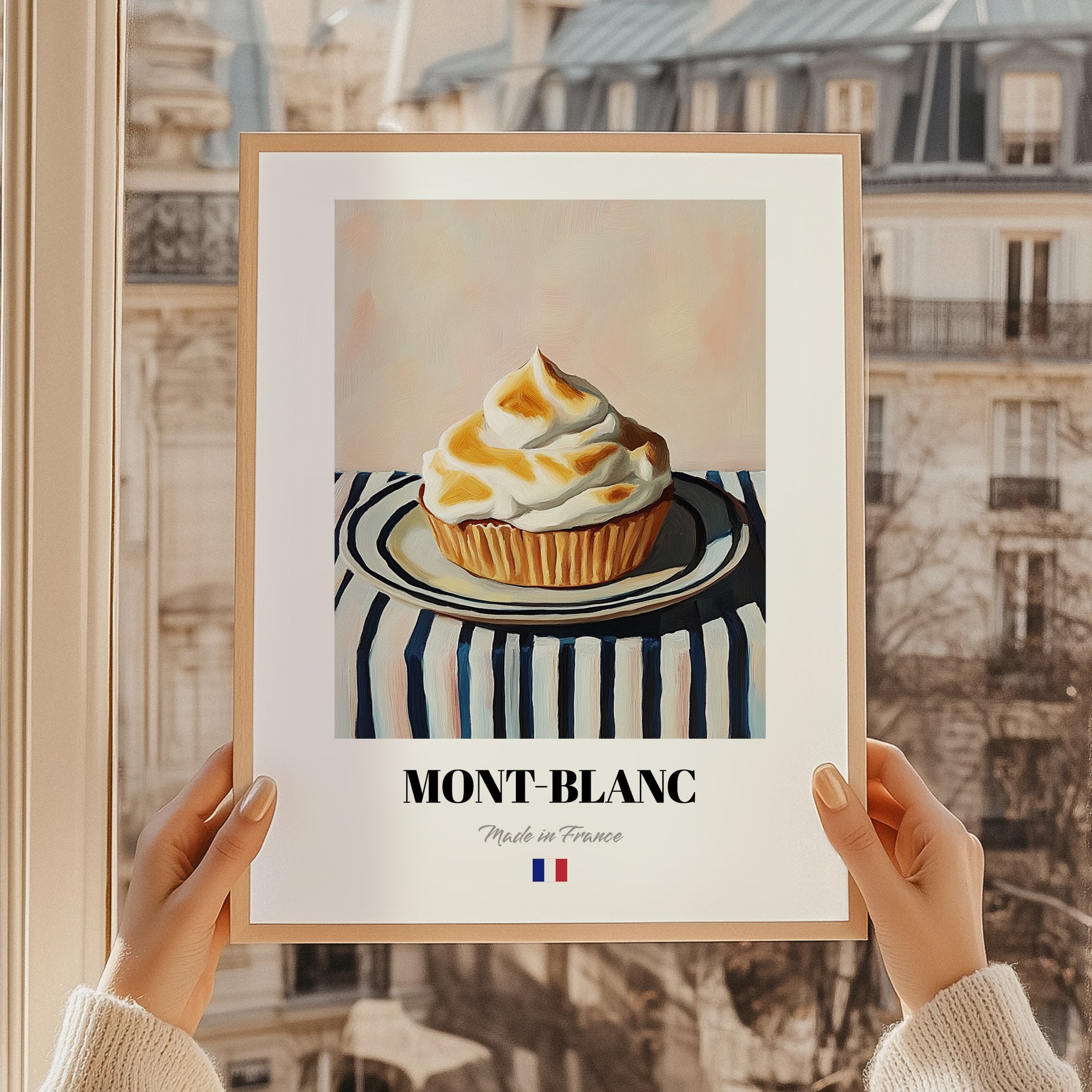 Mont-Blanc – on Striped Tablecloth, French French Dessert Still Life, styled in a charming Paris street view
