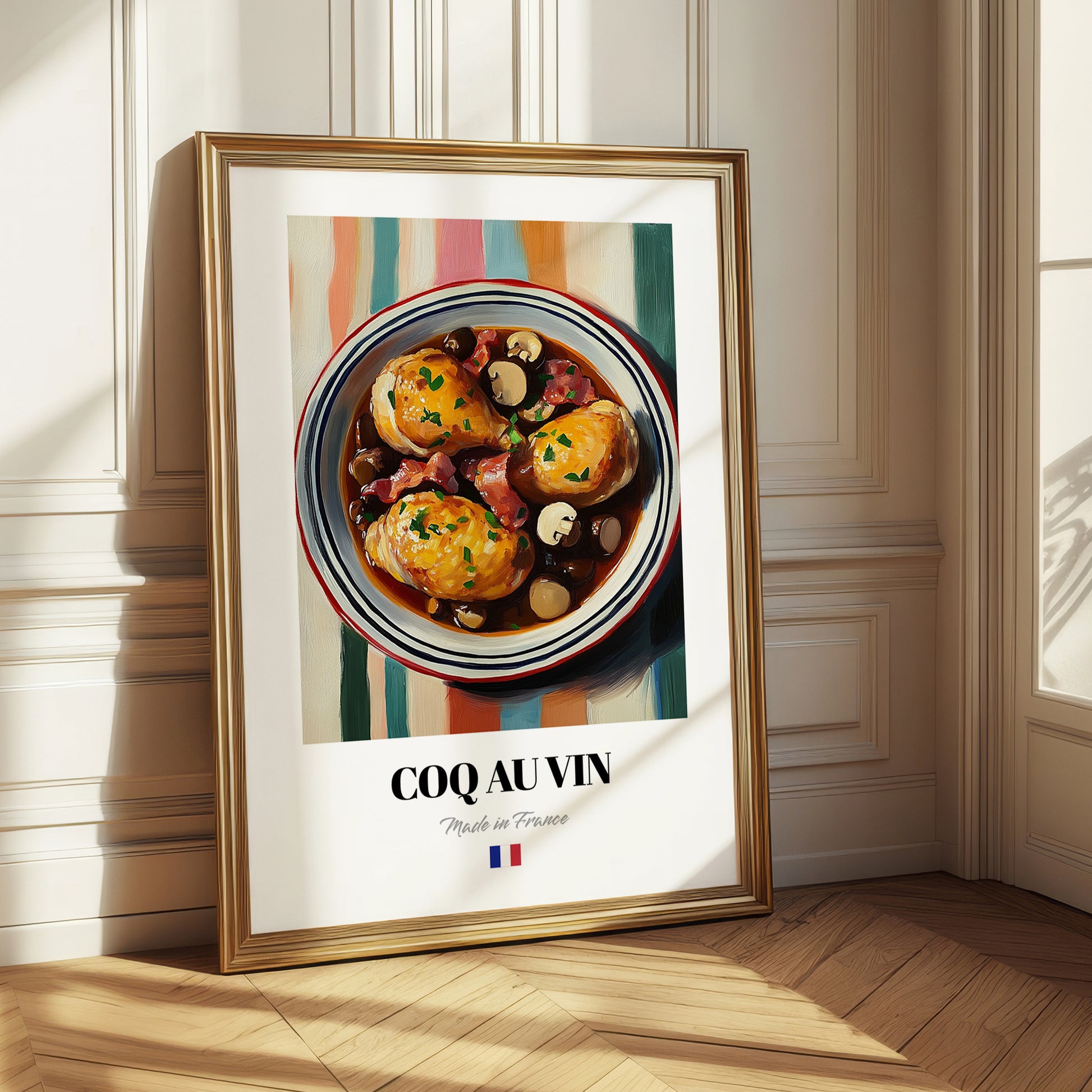Coq au Vin – on Striped Tablecloth, French Food Poster