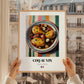 Coq au Vin – on Striped Tablecloth, French Food Poster, styled in a charming Paris street view