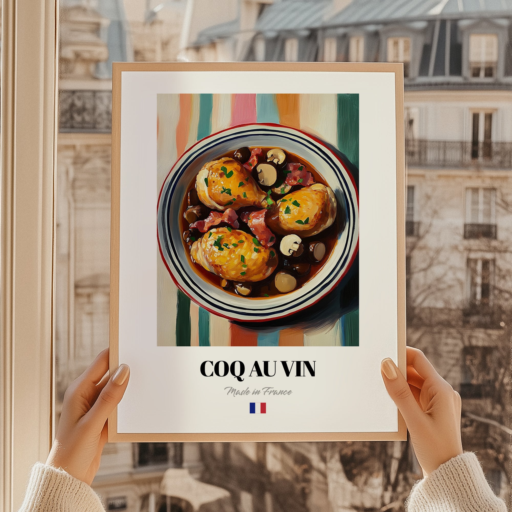 Coq au Vin – on Striped Tablecloth, French Food Poster, styled in a charming Paris street view