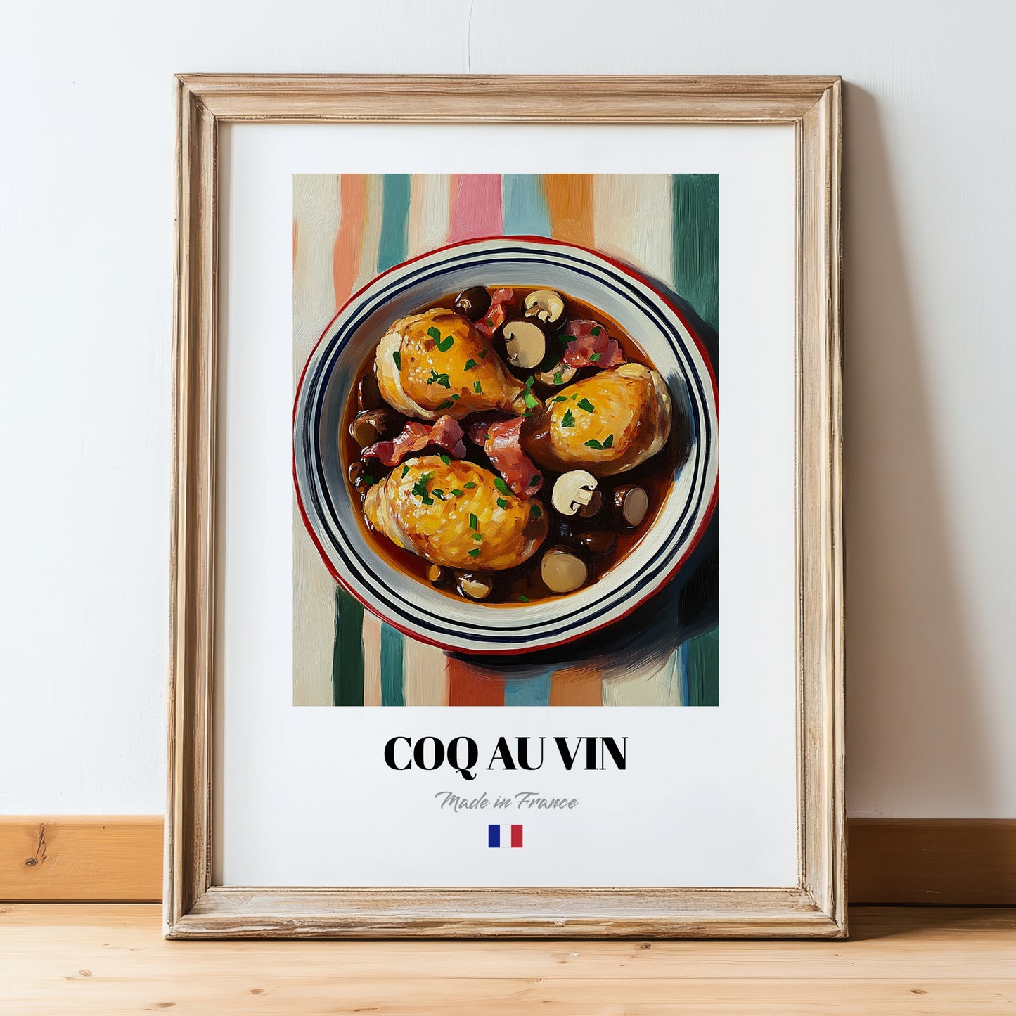 Coq au Vin – on Striped Tablecloth, French Food Poster, in wooden frame leaning on the floor