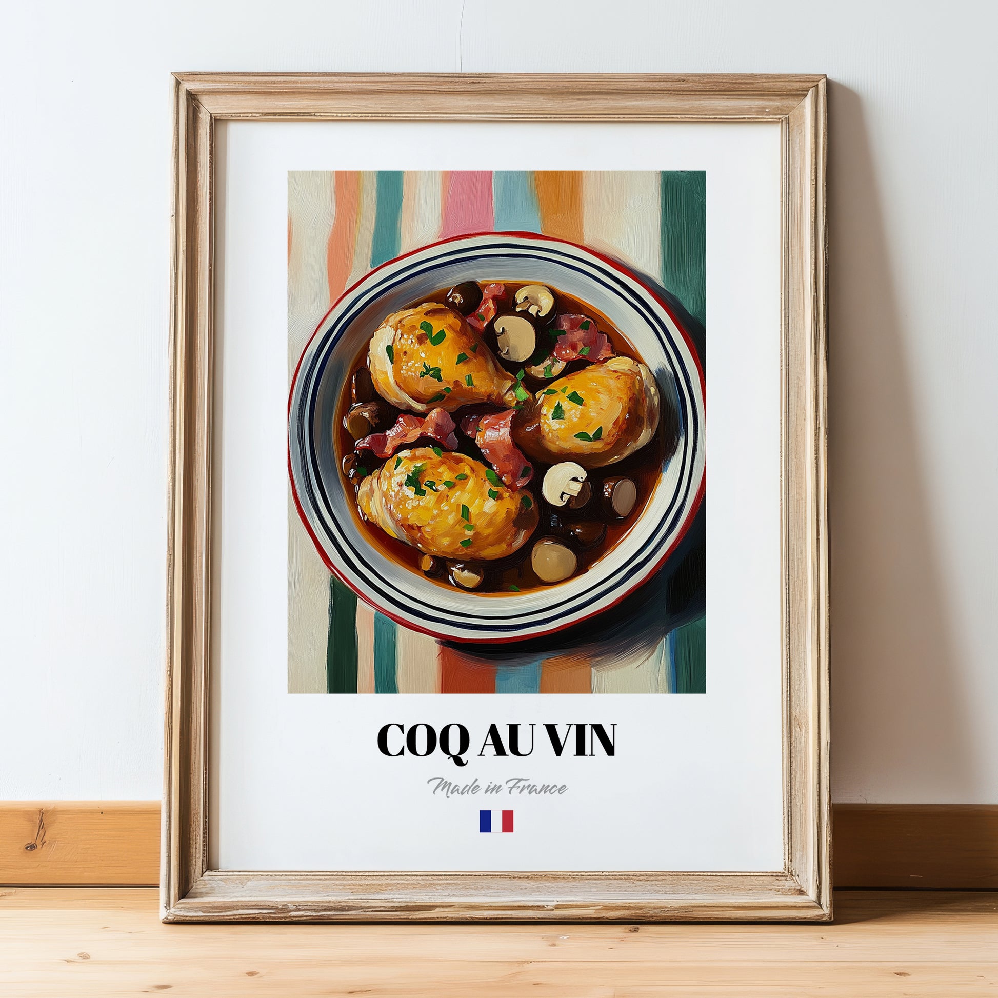 Coq au Vin – on Striped Tablecloth, French Food Poster, in wooden frame leaning on the floor